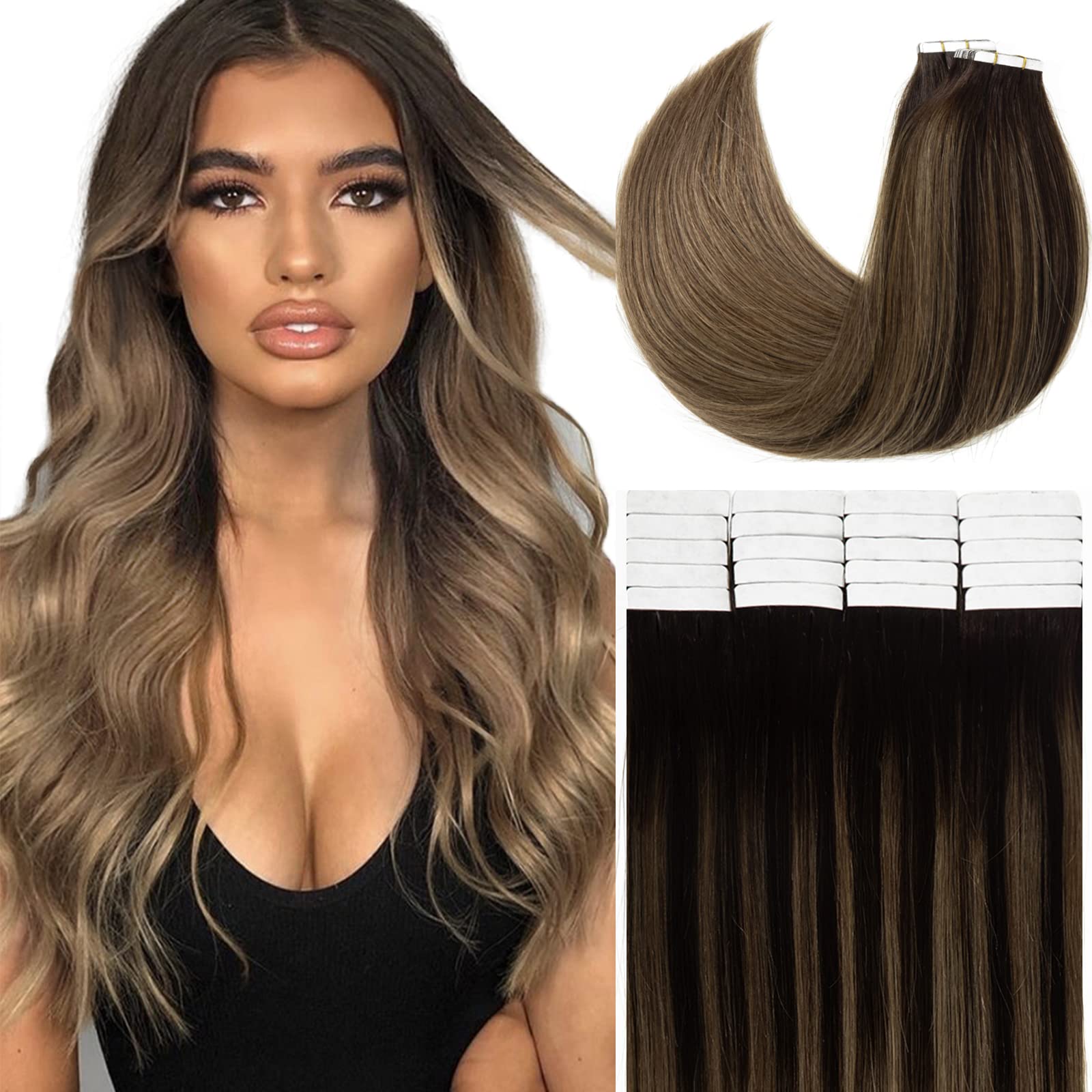 Loxxy Tape-In Hair Extensions 20inch - 100% Human Remy Brazilian Hair, Invisible & Natural Straight, Double Weft 50g (#2-6 Darkest Brown to Medium Brown Balayage) for Daily Styling & Special Occasions