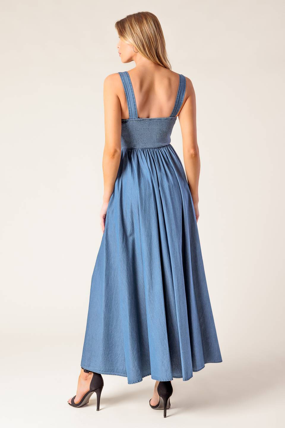 Blue Ridge Dreams Pintuck Denim Midi Dress - Women's Casual Stretch Denim Dress for Spring & Summer, Perfect for Brunch, Date Night & Outdoor Events