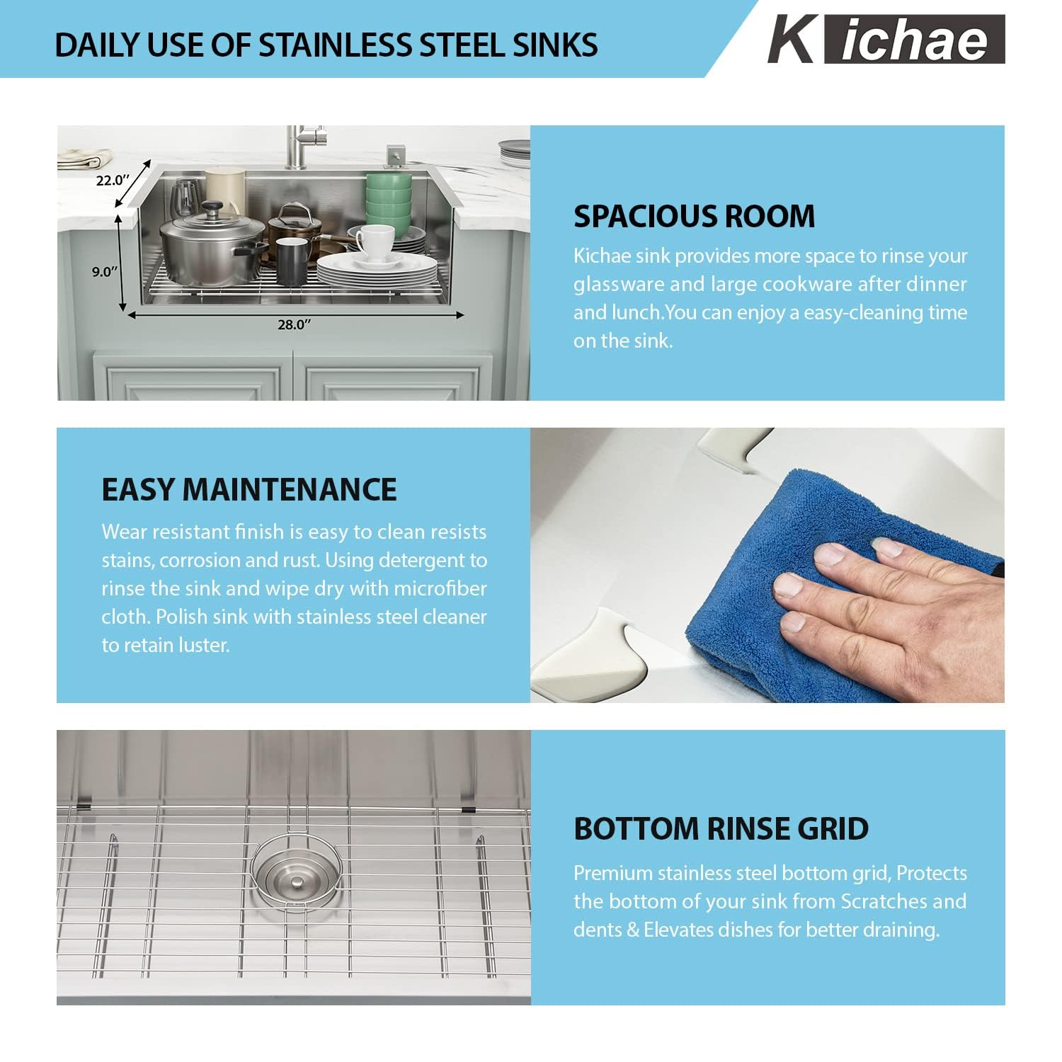 Kichae 28x22 Inch Stainless Steel Single Bowl Drop-In Kitchen Sink - Topmount/Overmount Handmade Basin Workstation for Modern Kitchens | Perfect for Meal Prep, Dishwashing & Small Space Cooking