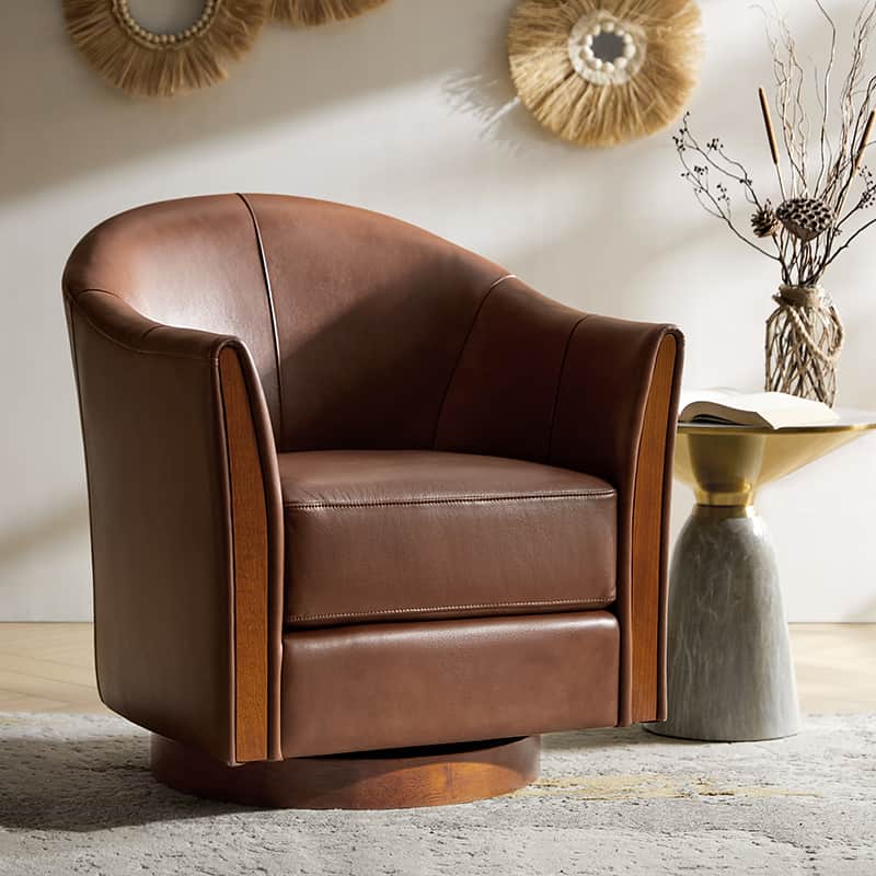 Clara Genuine Leather Swivel Barrel Chair with Solid Wood Base - Stylish Home Office & Living Room Accent Chair for Comfortable Seating