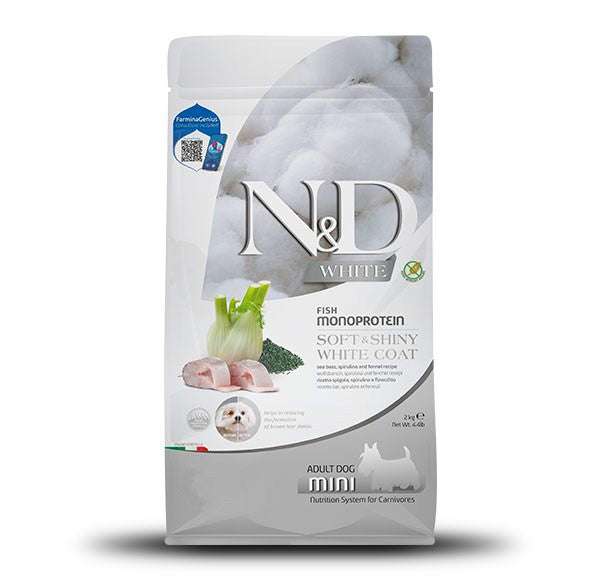 Farmina N&D Grain-Free Dry Dog Food for White Coats - Ocean Fish & Kelp Recipe, Mini Size - Supports Healthy Skin & Coat for Small Dogs - Perfect for Daily Feeding & Sensitive Stomachs