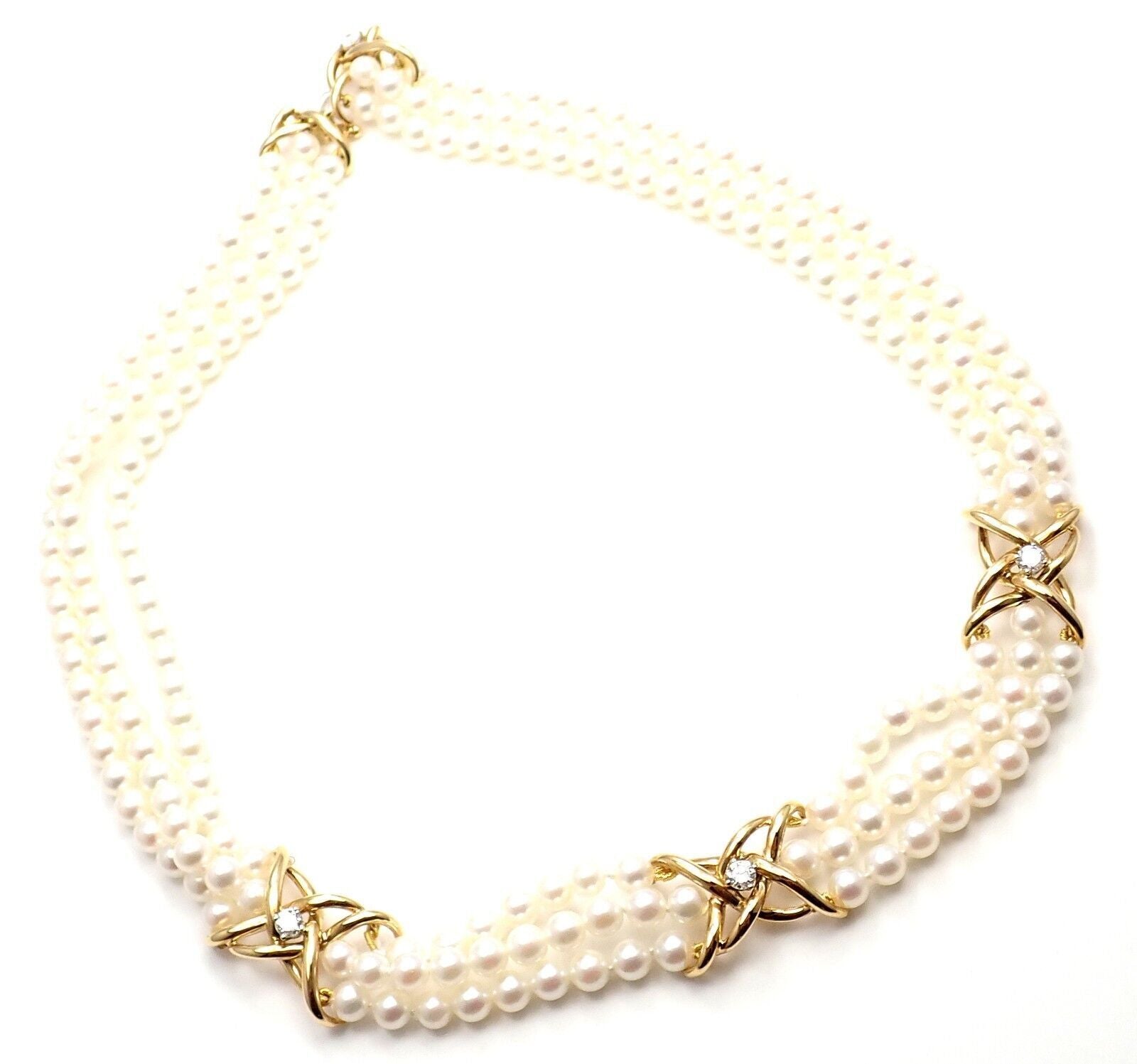 Authentic Tiffany & Co 18k Yellow Gold Diamond 3-Strand Pearl Necklace - Luxury Jewelry for Weddings, Anniversaries & Special Occasions