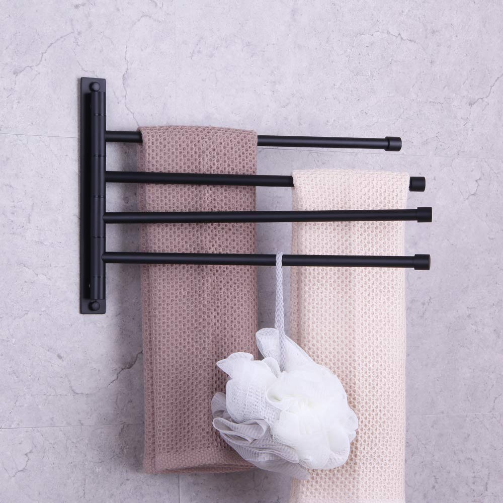 GERZWY 4-Arm Swivel Towel Bar - 304 Stainless Steel Bathroom Swing Hanger, Space Saving Wall Mount Towel Rack Holder & Storage Organizer in Matte Black (HYG04-BK) - Perfect for Small Bathrooms, Laundry Rooms & Spa Areas