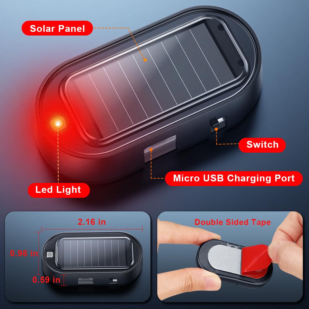 ELECTOP Solar Fake Car Alarm LED Light - Anti-Theft Security with USB Charging (4PCS, Red) for Vehicle Safety