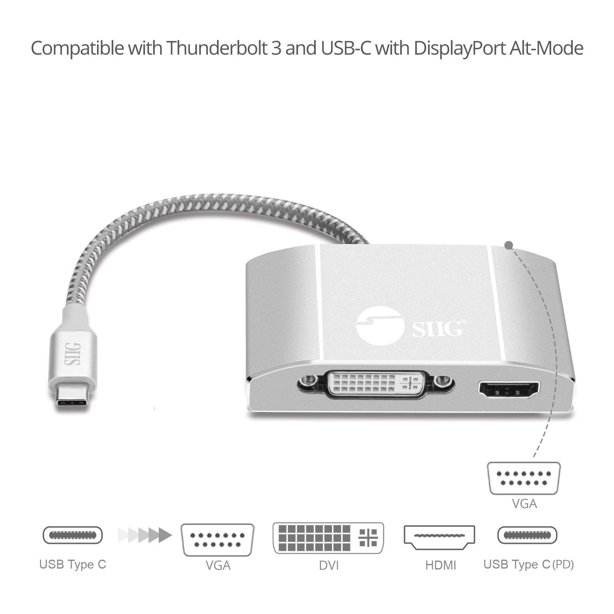 Siig USB-C to 3-in-1 Multiport Video Adapter with PD Charging - DVI/HDMI/VGA Converter for MacBook Pro/Air, Dell XPS - Ideal for Home Office, Presentations & Multi-Monitor Setup