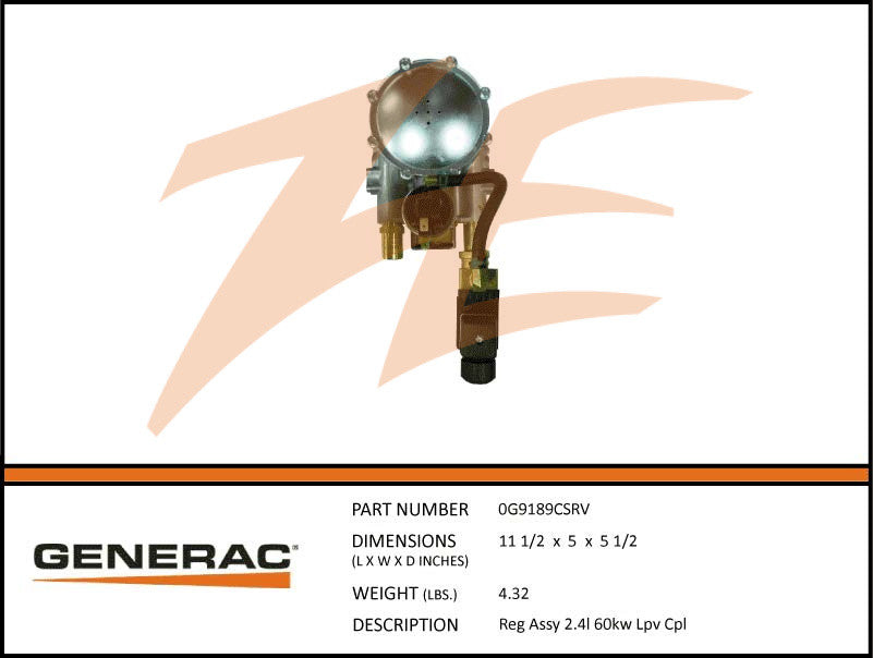 Generac 0G9189CSRV Fuel Regulator Assembly Replacement Part for 2.4L 60kW LP Generators - Compatible with Home Backup Power Systems & Emergency Generators