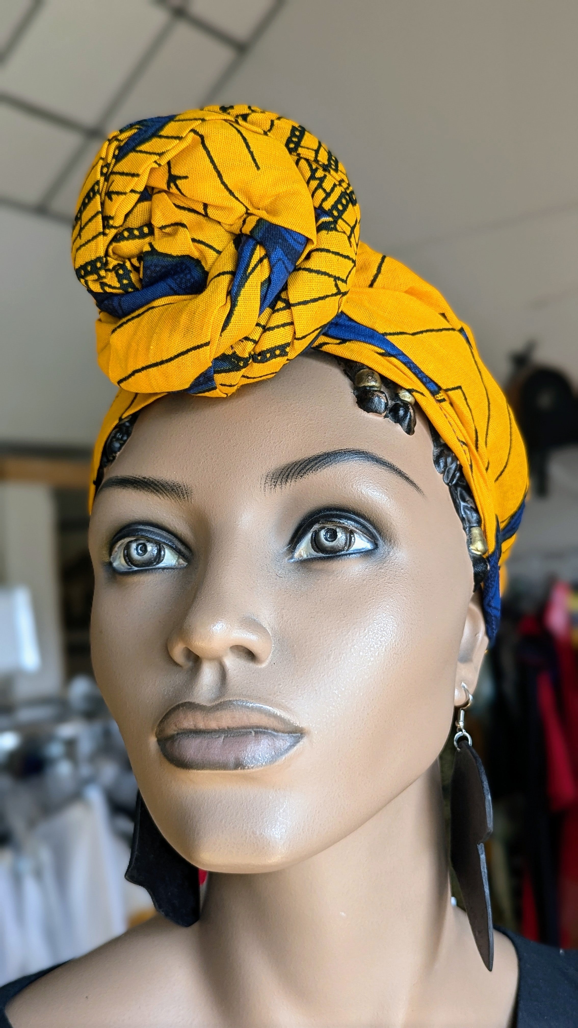 Adanna African Print Head Wrap - Orange & Blue Peacock Design, Pre-Tied Turban for Women (DP3816PT12) | Perfect for Church, Parties, and Everyday Fashion