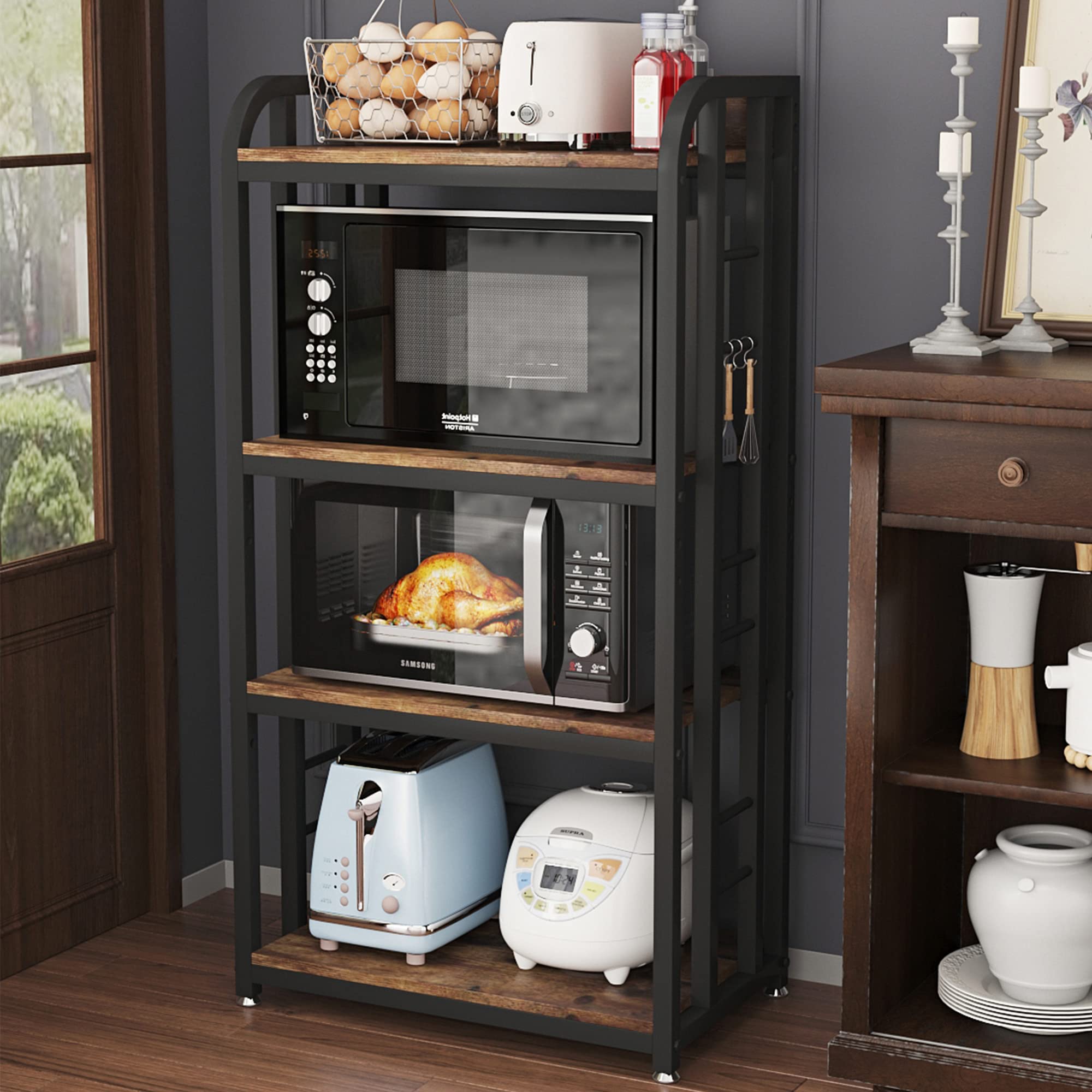 4-Tier Adjustable Microwave Stand with Storage Shelf - Free Standing Kitchen Organizer for Coffee Bar, Spices & Pots (Brown) - Perfect for Small Kitchens & Pantry Organization