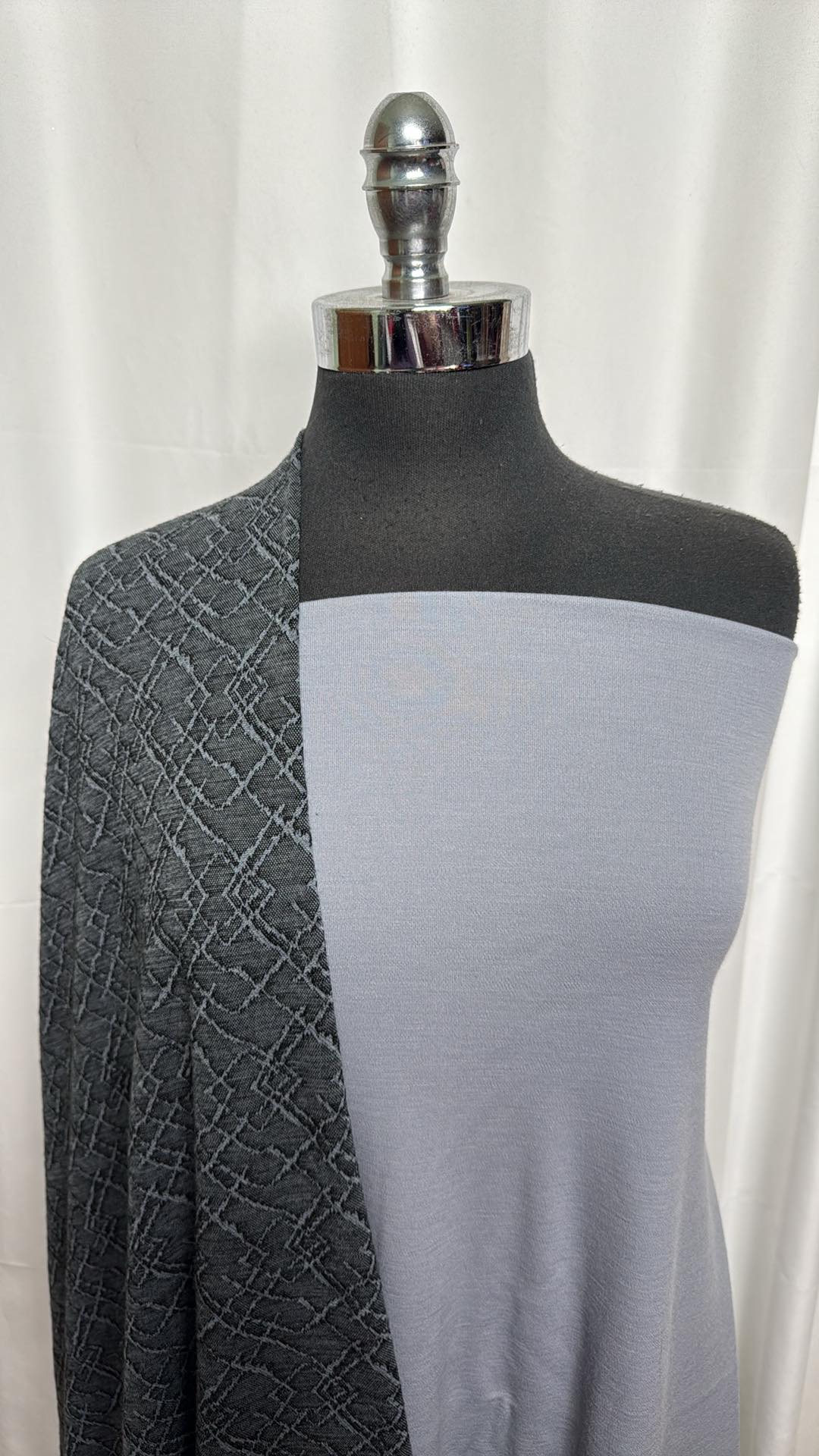 Premium 100% Merino Wool Fabric Bundle - 1 Yard Diamond Jacquard & 2 Yards Silver Interlock Knit (A27057) for Luxury Apparel, Scarves, and Winter Accessories
