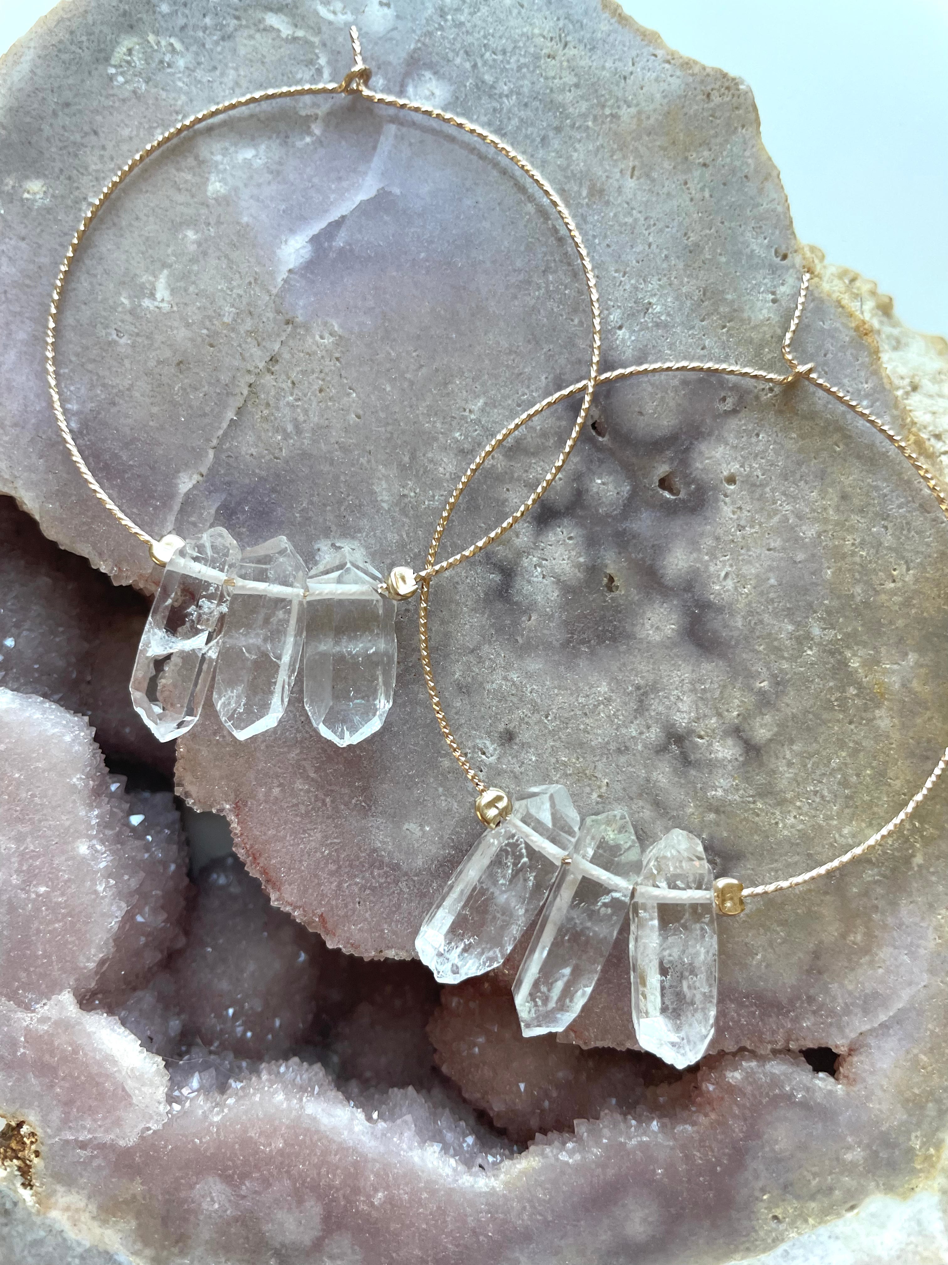 Stylish Thin Clear Quartz Boho Hoop Earrings - Minimalist Crystal Jewelry for Women - Perfect for Boho Chic, Festival, and Everyday Wear