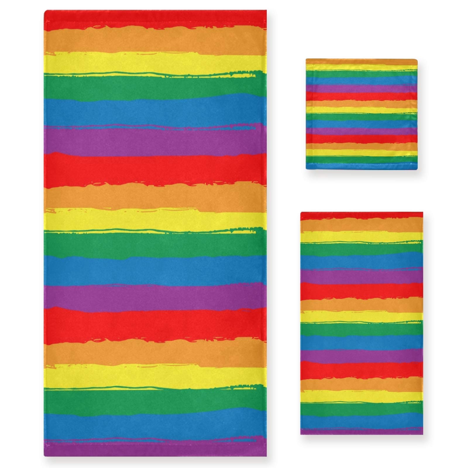 ALAZA Rainbow Striped 3-Piece Bath Towel Set - 1 Bath Towel, 1 Hand Towel, 1 Washcloth | Ultra Soft & Absorbent Cotton Towels for Bathroom, Kitchen, Gym, Beach & Travel | Home Essentials & Spa Luxury