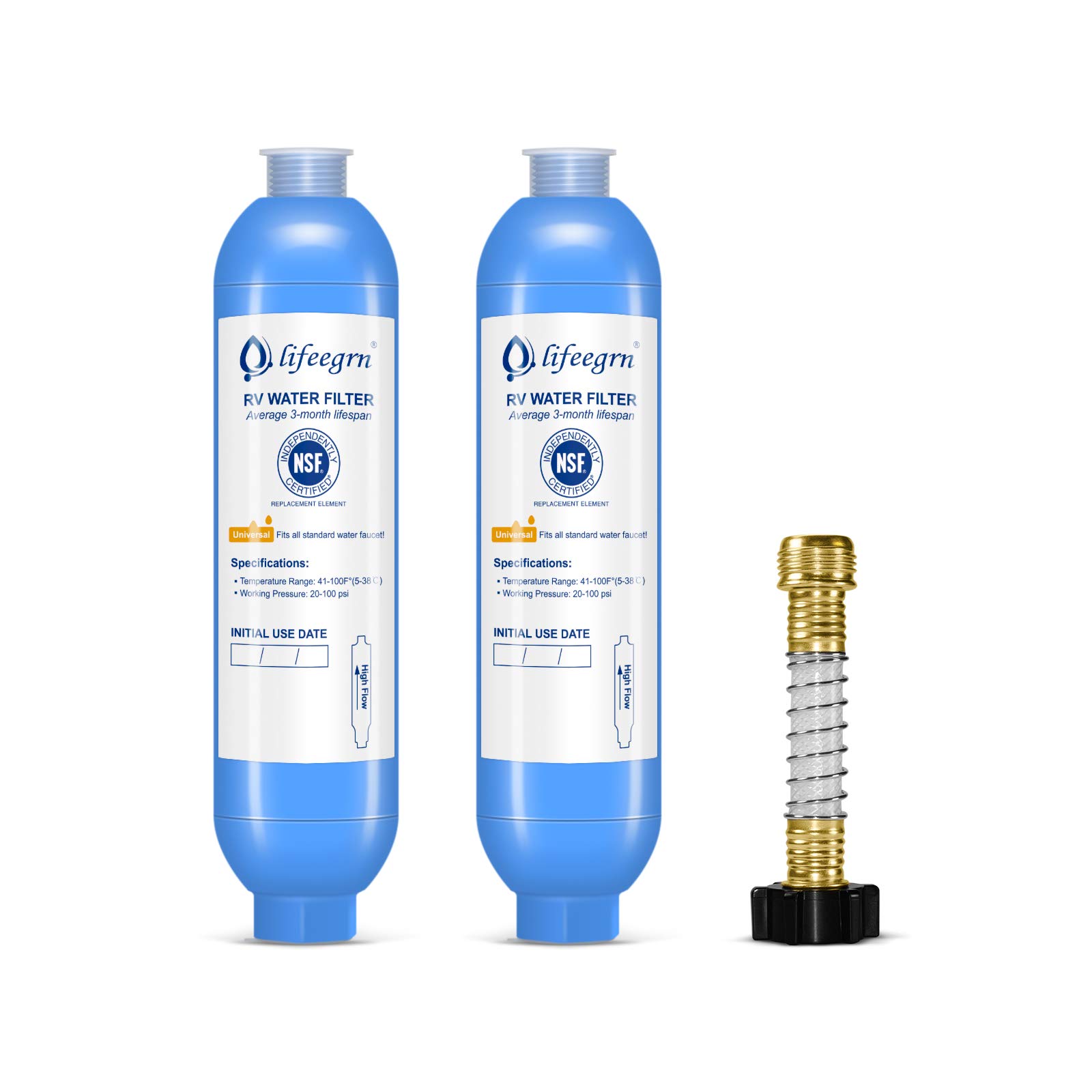 Lifeegrn RV Water Filter with Hose Protector - Inline Water Filtration System Reduces Bad Taste, Odor, Chlorine & Sediment in Drinking Water - Blue (2 Pack) - Perfect for Camping, RV Trips & Outdoor Adventures