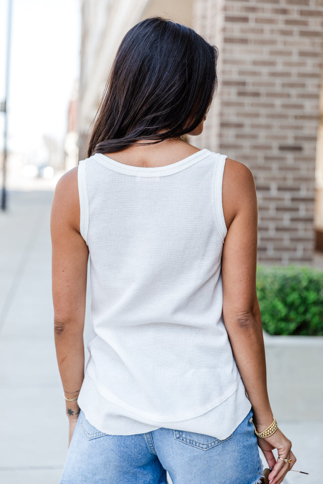 Missed Connection Ivory Waffle Henley Tank Top for Women - Soft Cotton Summer Casual Wear - Perfect for Beach, Vacation & Everyday Outfits
