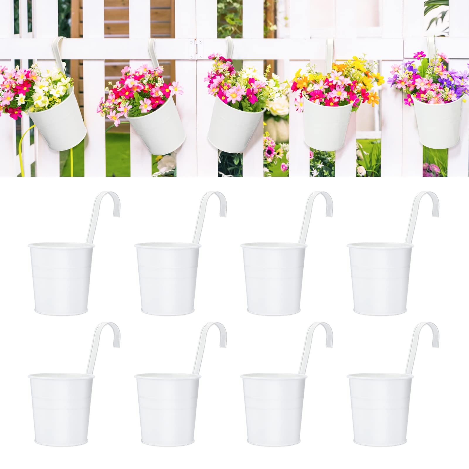 KINGLAKE 10-Pack White Metal Hanging Flower Pots with Detachable Hooks - 4 Inch Iron Planters for Balcony, Garden, Fence & Indoor Decor - Perfect for Herbs, Succulents & Small Flowers