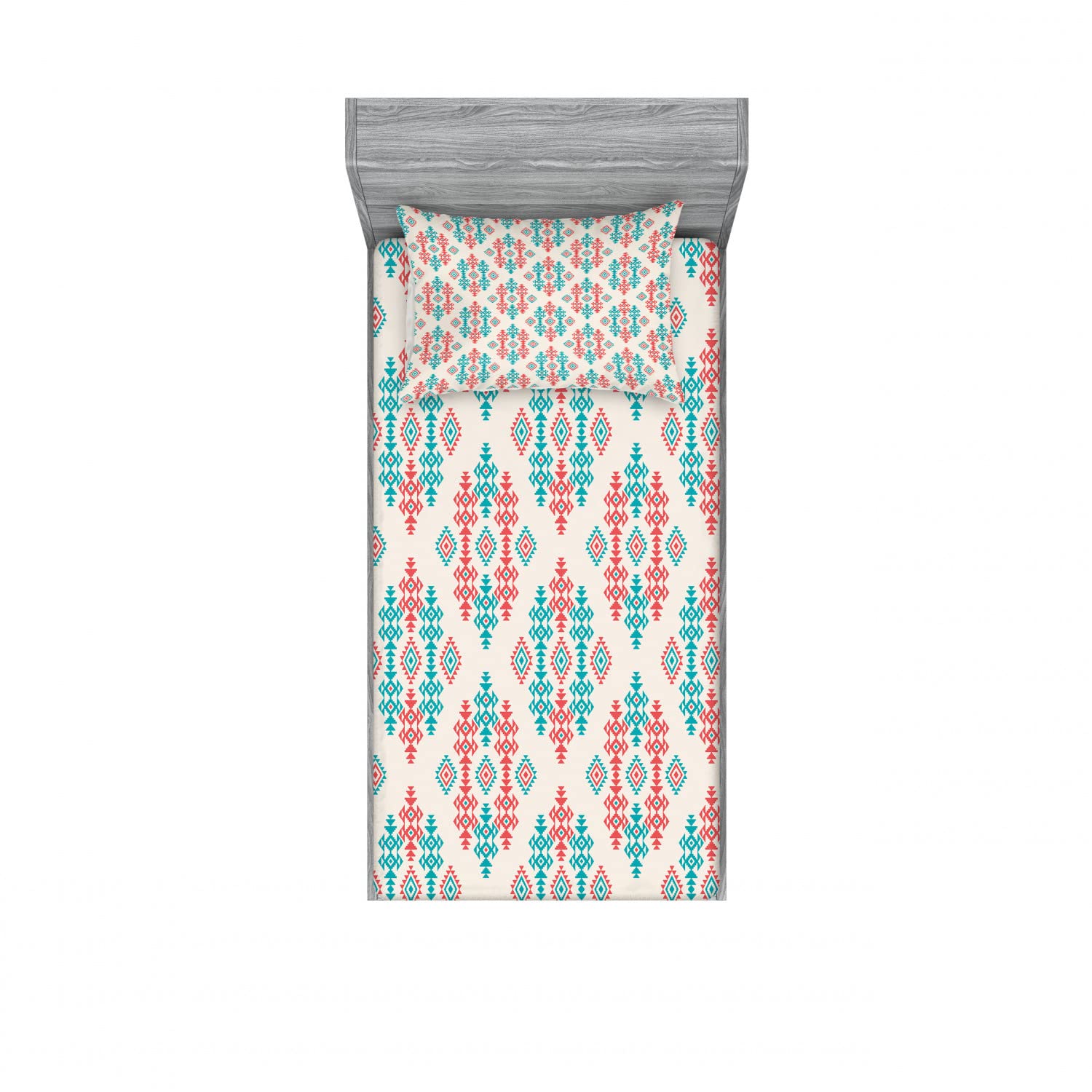 Ambesonne Ethnic 2-Piece Twin Size Fitted Sheet Set with 2 Pillow Shams - Traditional Local Pattern Coral Turquoise White Bedding - Perfect for Guest Rooms, Dorms & Bohemian Style Bedroom Decor