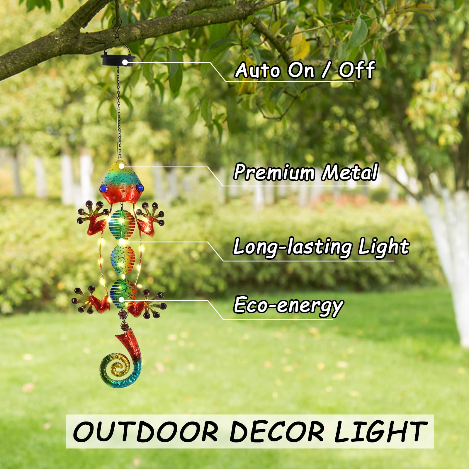 Solar Powered Hanging Lanterns - Waterproof Metal Gecko Outdoor Lights for Backyard, Porch, Patio, Garden, Pathway - Decorative Lighting for Camping, BBQ Parties & Evening Ambience