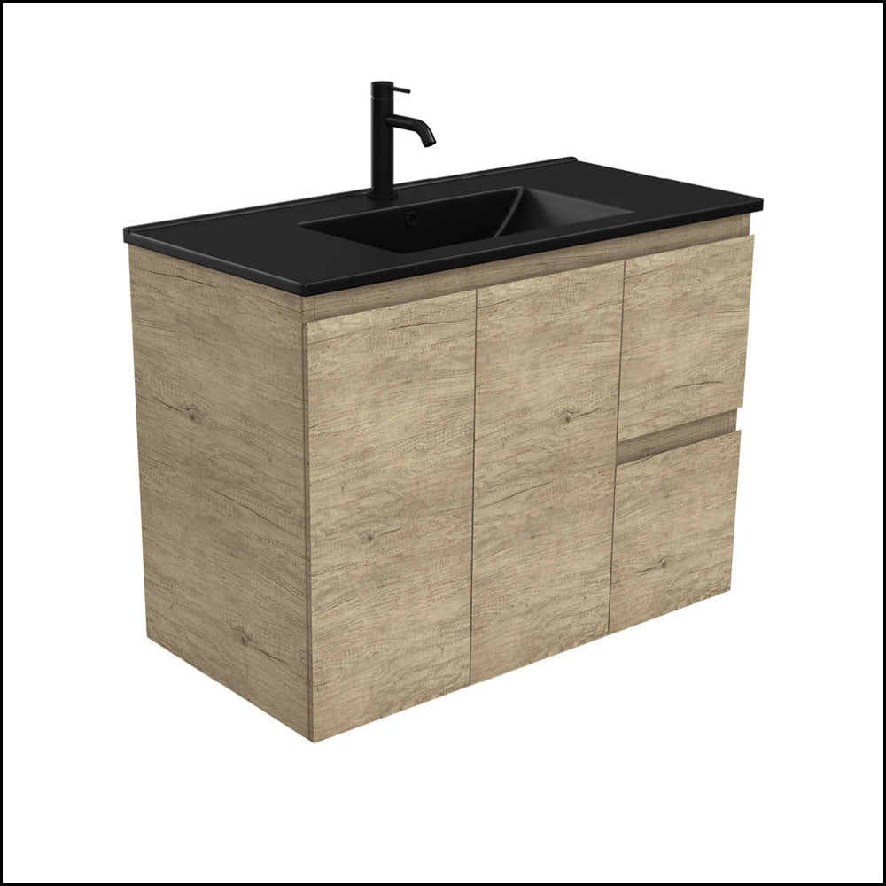 Fienza TCLB90SL 900mm Modern Bathroom Vanity - Dolce Matte Black & Scandi Oak Finish, Wall Mounted with Left Side Drawers | Perfect for Small Bathrooms, Powder Rooms & Contemporary Home Decor