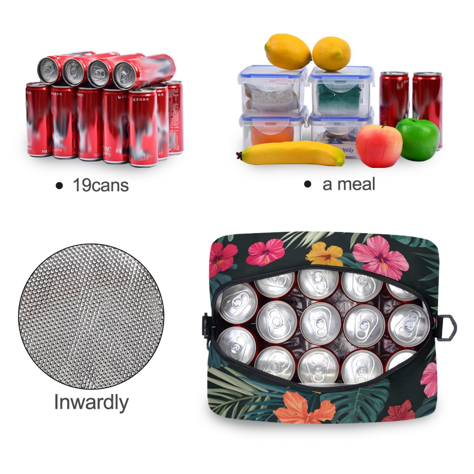 Blueangle Bright Hibiscus Flowers Insulated Lunch Box Cooler Bag - Leakproof Portable Lunch Tote with Detachable Shoulder Strap for Men & Women - Perfect for Work, Beach, Picnic, Camping & Outdoor Activities