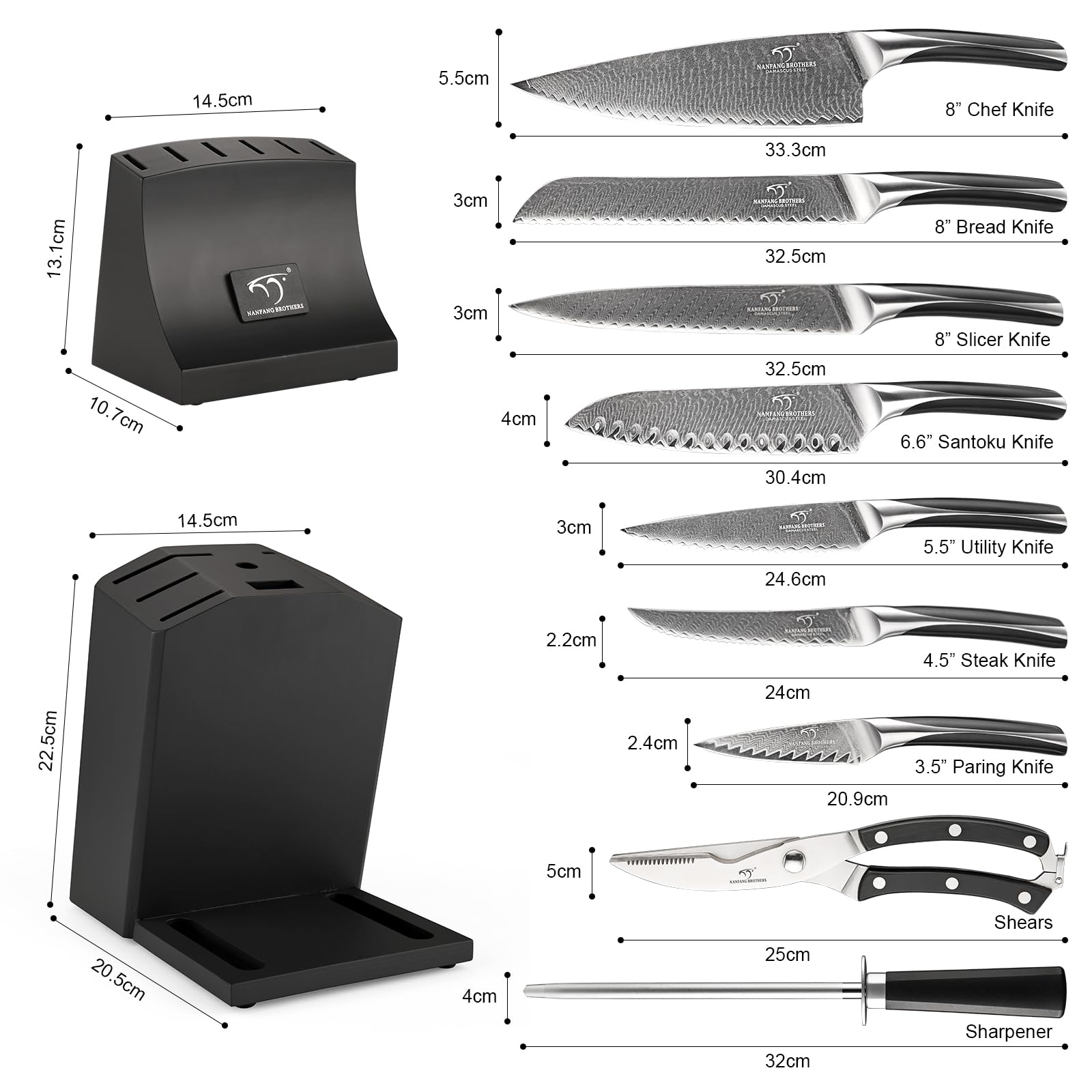 Premium 15-Piece Damascus Steel Knife Set with Wooden Block - Professional Chef Knives, Carving Fork & Ergonomic ABS Handles - Perfect for Home Cooking, BBQ & Gourmet Meal Preparation (Black)