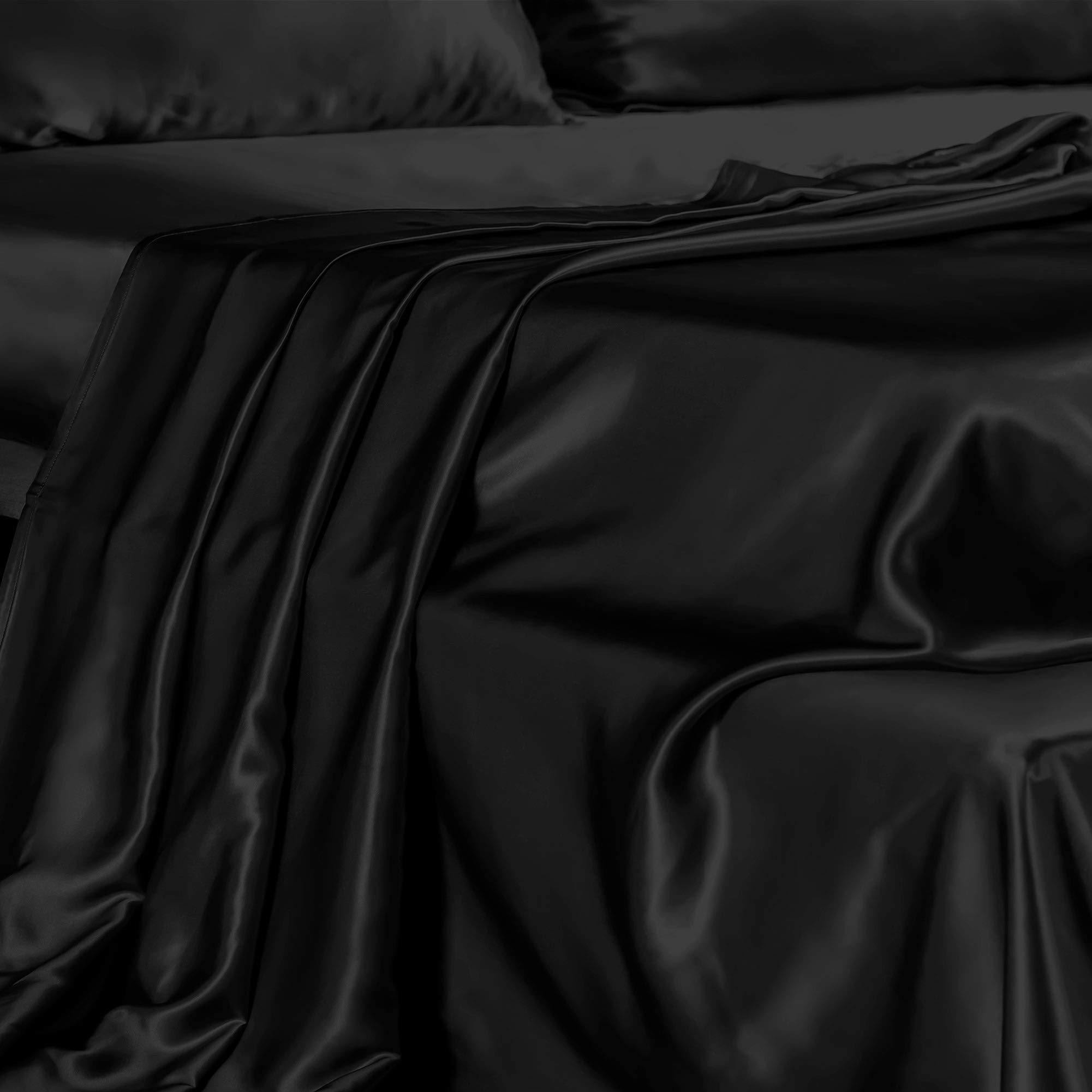 THXSILK 100% Pure Mulberry Silk Flat Sheet - 22 Momme Queen Size Bed Sheet - Ultra Soft & Durable Silk Bedding - Machine Washable - Black - Perfect for Luxury Sleep & Spa Nights