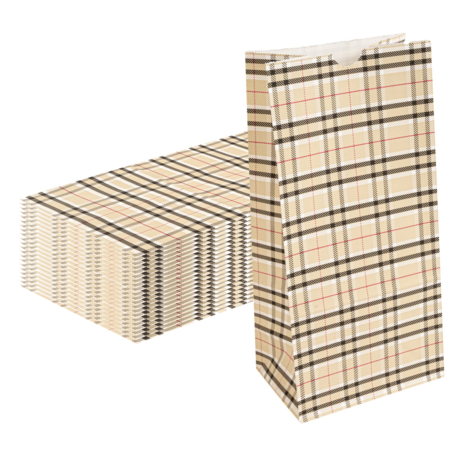 Premium Plaid Paper Bags 8 lb Capacity - 6 x 4 x 11.75 Inches - Pack of 100 - Eco-Friendly Gift & Shopping Bags for Retail, Parties & Groceries