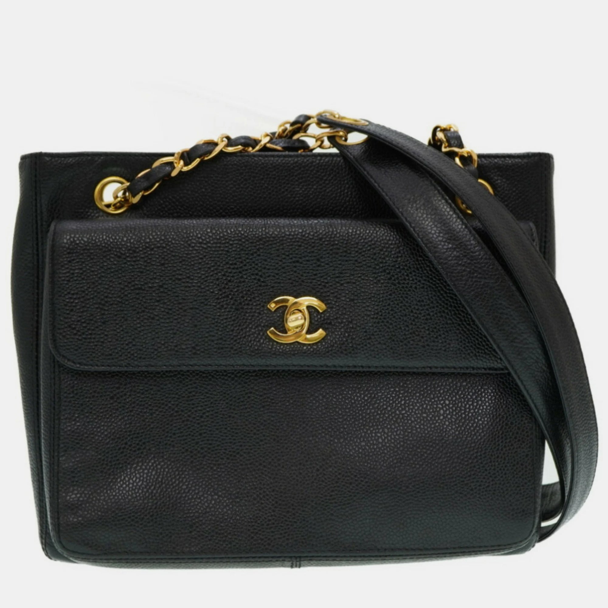 Luxury Black Caviar Leather Shoulder Bag with Front Pocket - Elegant Crossbody Purse for Women, Perfect for Work, Travel & Evening Out