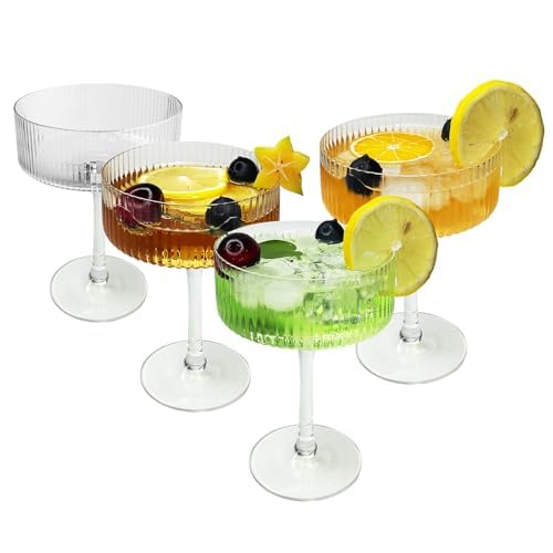 4 Pcs Vintage Ribbed Coupe Glasses Set - 10 oz Classic Cocktail Glasses for Champagne, Wine & Martinis - Elegant Barware & Party Drinkware - Perfect for Home Bars, Weddings & Gifts (Dishwasher Safe)