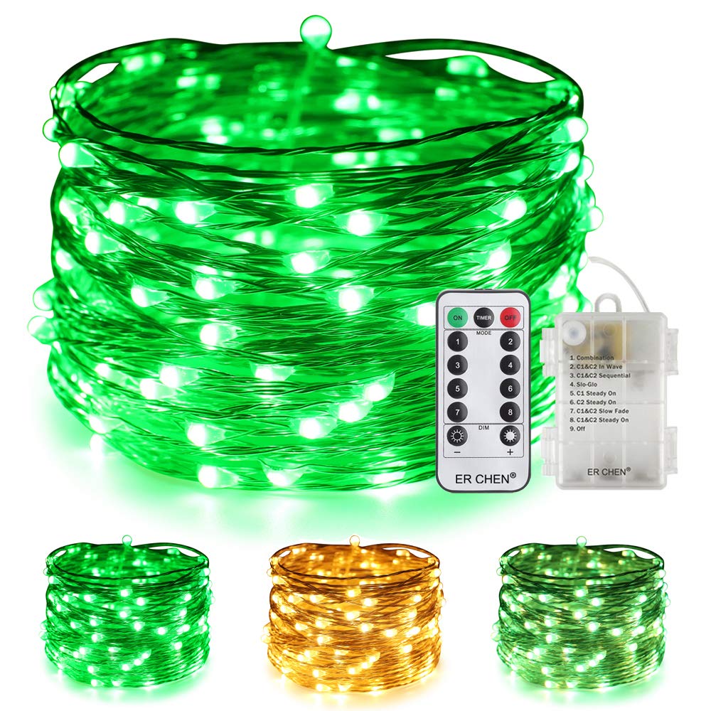 ER CHEN 33ft 100 LED Color Changing Fairy Lights with Remote & Timer - 8 Lighting Modes, Silver Copper Wire String Lights for Bedroom, Patio, Wedding, Party Decor - Warm White & Green | Perfect for Indoor & Outdoor Holiday, Christmas, Garden, and Home Decoration