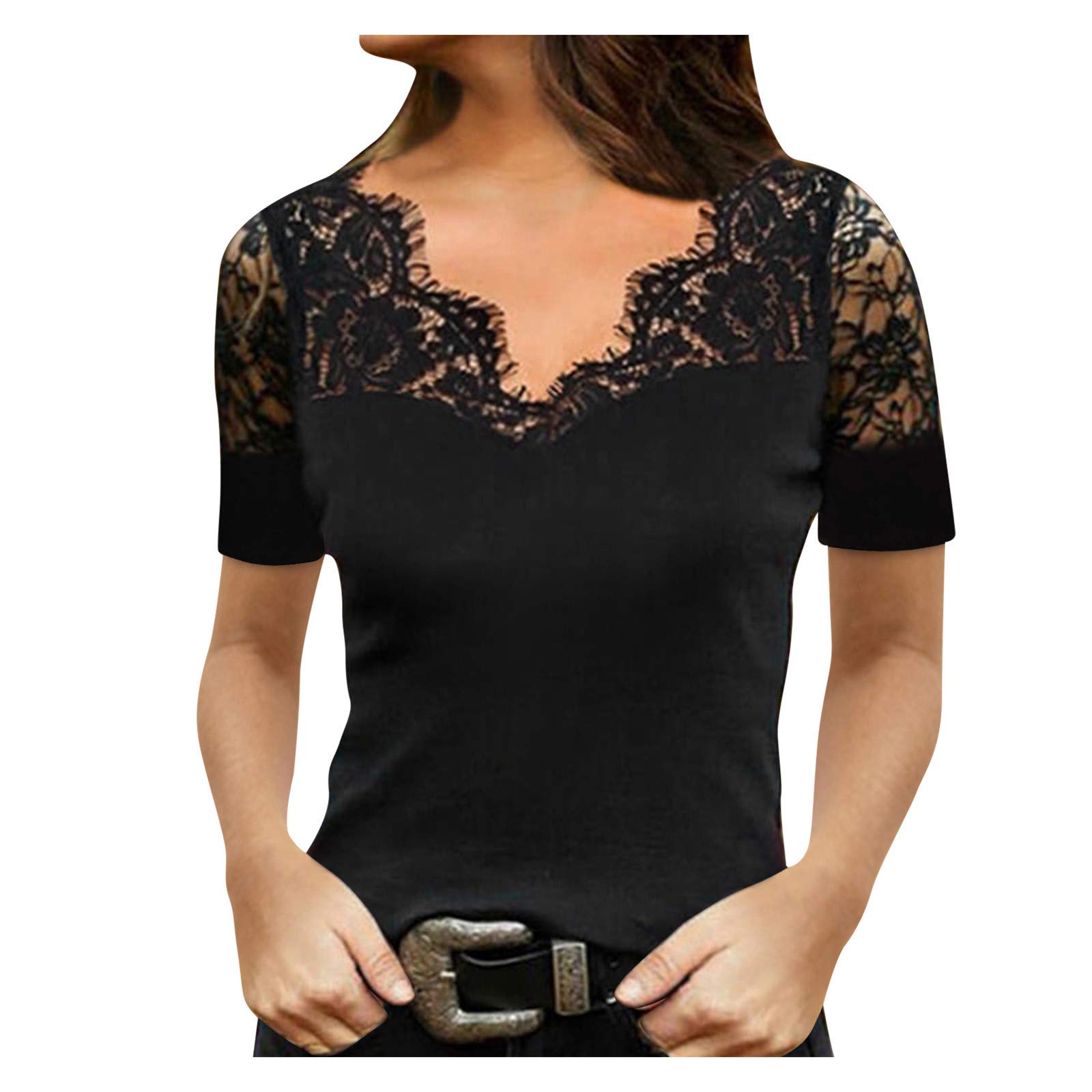 Sexy V-Neck Lace Trim T-Shirt for Women - Summer Casual Blouse for Party & Outing
