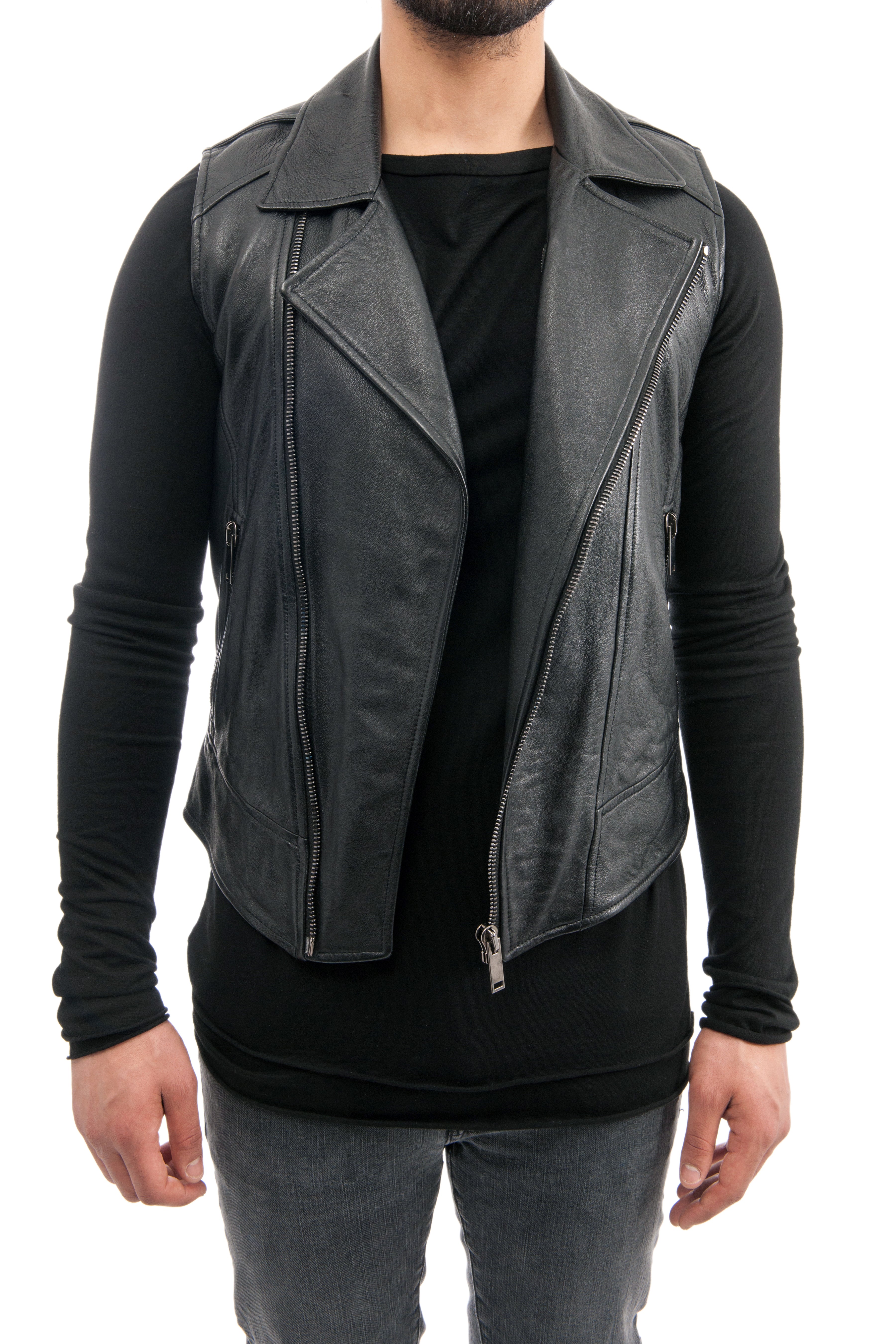 Gareth Pugh Black Leather Motorcycle Zip Vest for Men - Stylish Biker Jacket for Riding & Casual Wear
