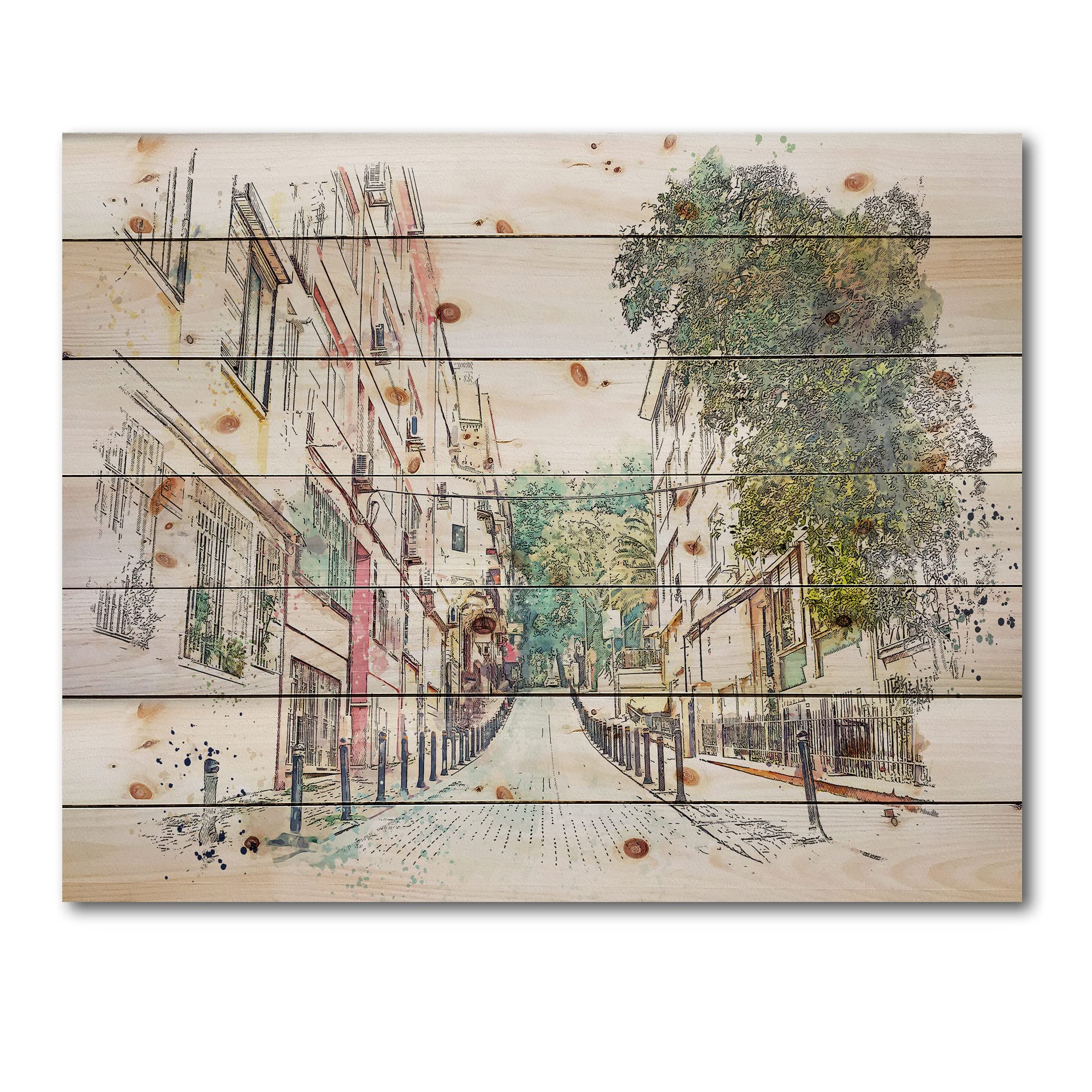 DesignQ Traditional Istanbul Street Wood Wall Decor - Green Large Cityscape Art Panel Printed on Natural Pine - Perfect for Living Room, Bedroom & Office Decor