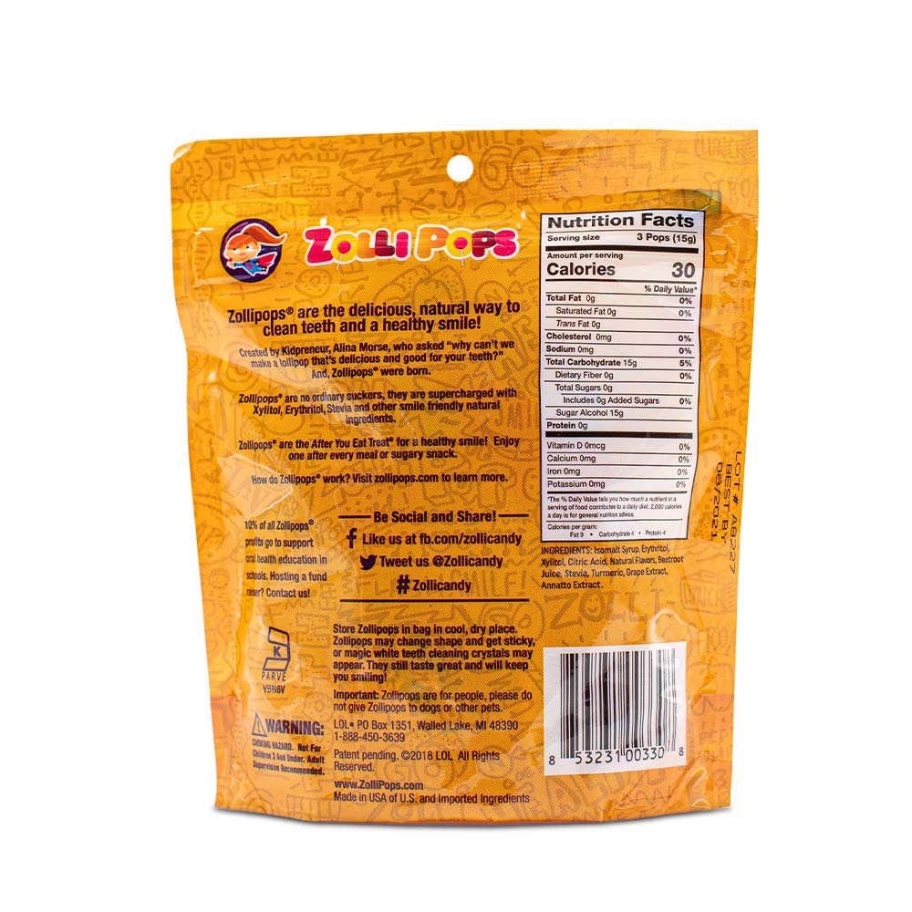 Zollipops Sugar-Free Clean Teeth Lollipops - Anti-Cavity Candy for Kids, Diabetics & Keto Diet - Natural Orange Flavor 3.1oz - Perfect for School Snacks, Birthday Parties & Healthy Treats