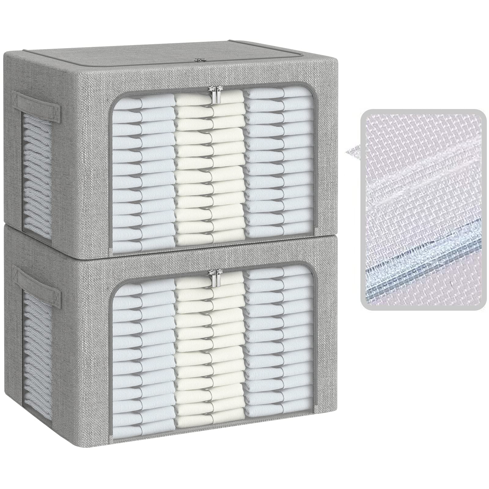 2 Pack Foldable Clothes Storage Bins with Mesh Windows - Large Capacity Stackable Metal Frame Storage Boxes, Thick Linen Fabric Organizer with Carry Handles (100L, Light Grey) - Perfect for Closet, Bedroom, Laundry Room & Seasonal Clothing Storage