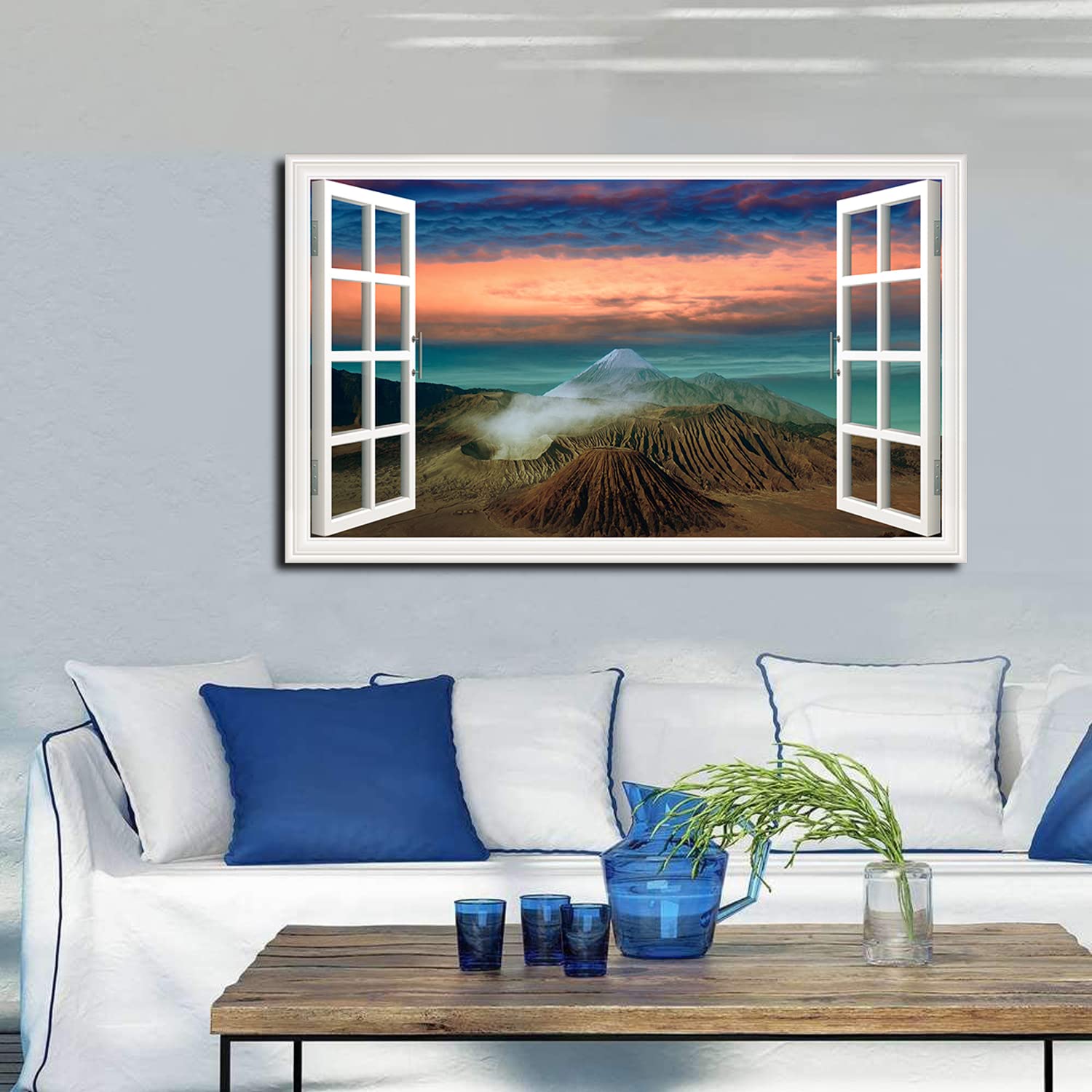Volcano Landscape Canvas Art - Fake Open Window Wall Decor with Framed Painting for Living Room, Office, Bedroom - Ready to Hang - Perfect for Home & Office Decoration