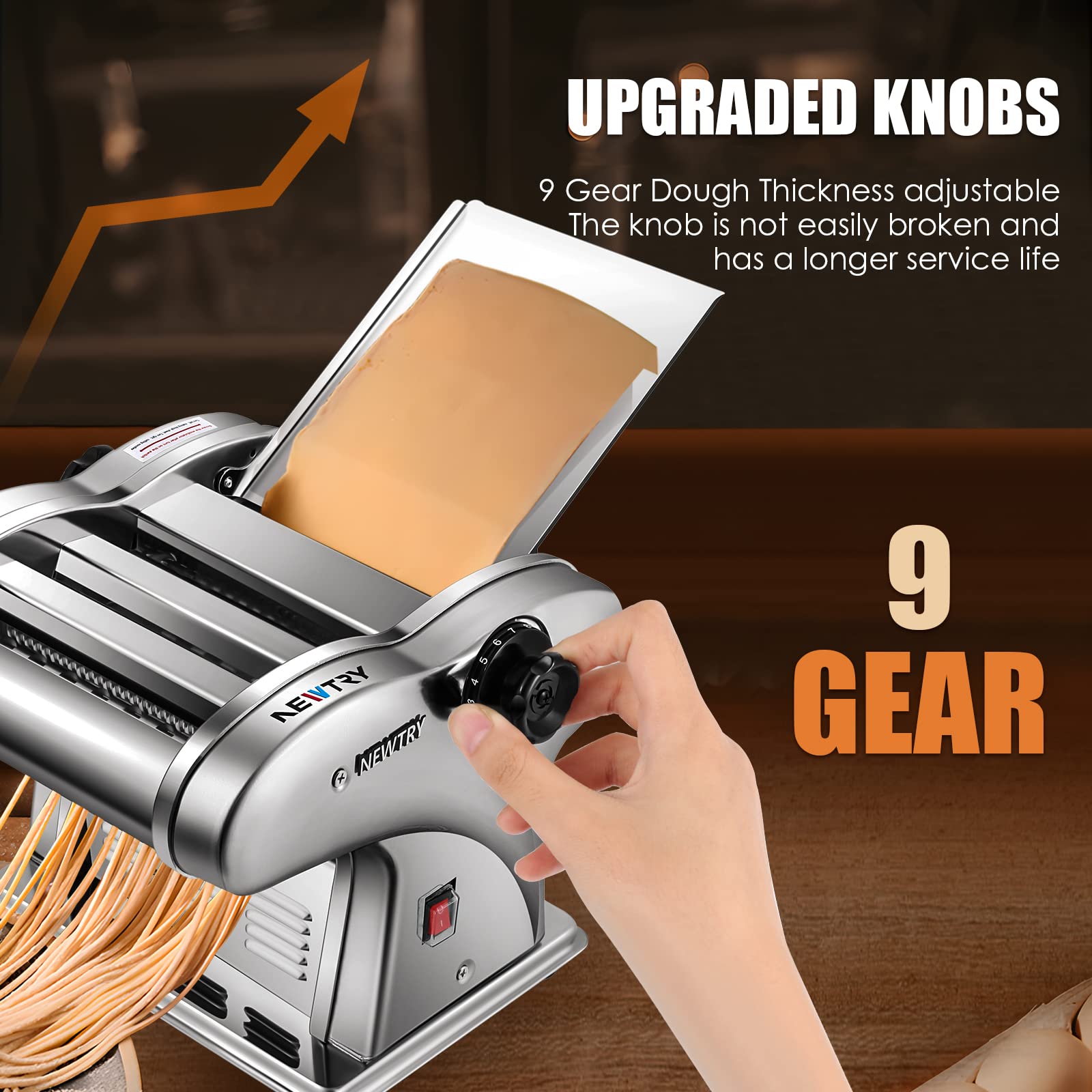 NEWTRY Electric Pasta Maker Machine - Stainless Steel Dough Roller & Cutter with 3 Blades, Adjustable Thickness, 110V for Home Kitchen | Perfect for Making Fresh Spaghetti, Fettuccine & Lasagna Noodles