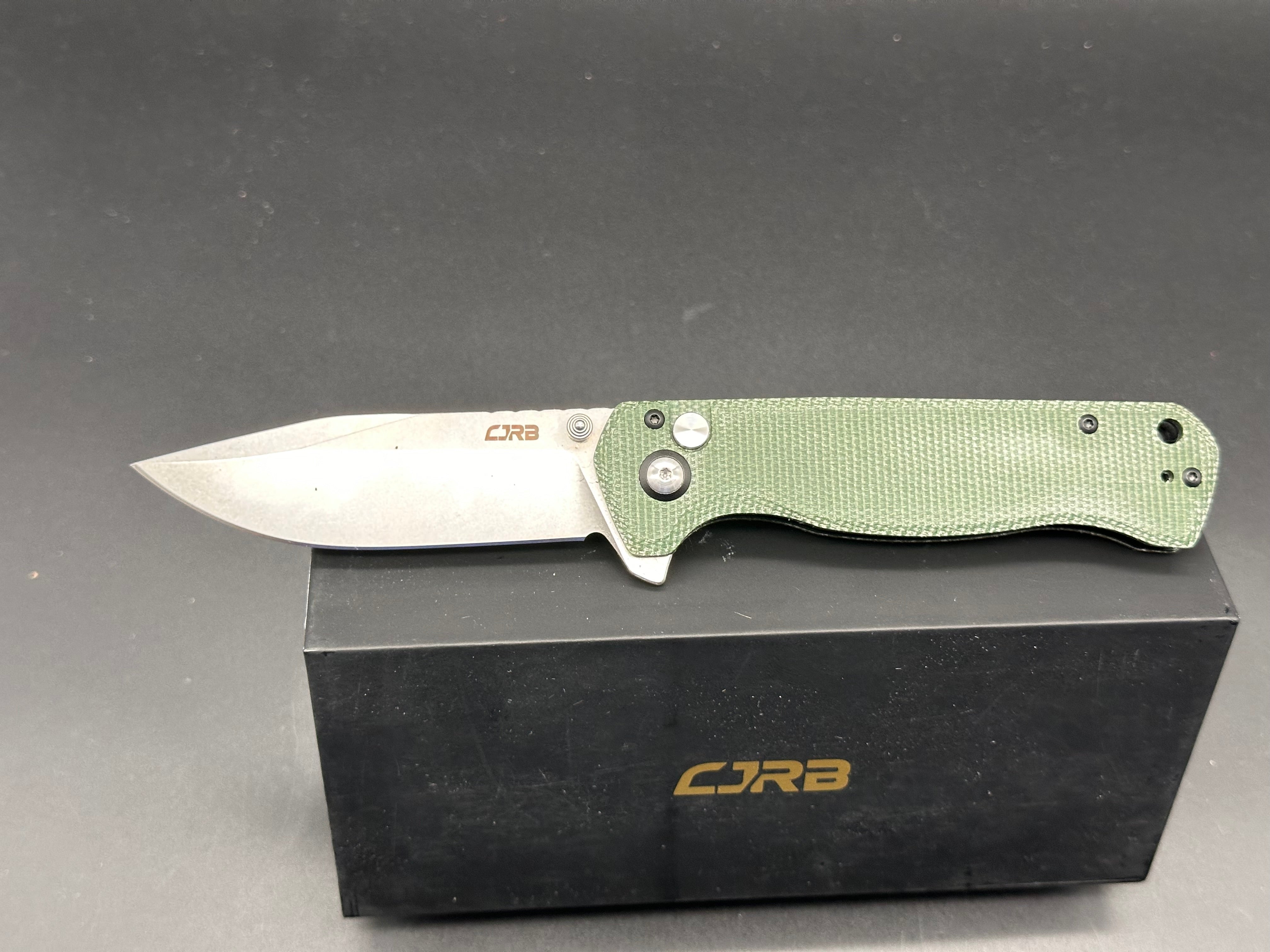 CJRB CHORD Button Lock Folding Knife - Green Micarta Handle, AR-RPM9 Steel, Plain Edge, Stonewash Finish - EDC, Outdoor, Camping, Survival Gear