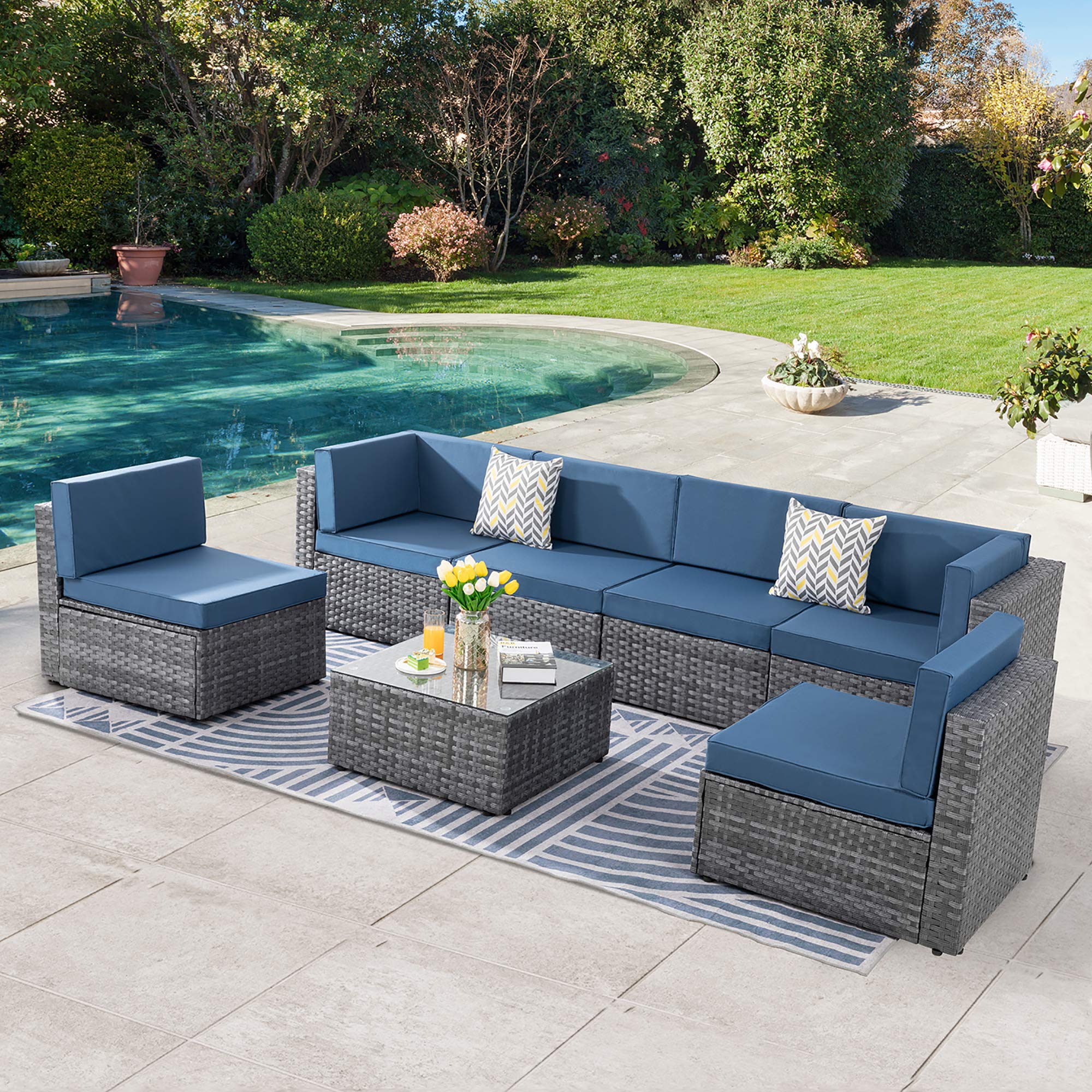 7-Piece Patio Sofa Conversation Set - All-Weather PE Rattan Outdoor Sectional Sofa with Washable Cushions & Coffee Table - Silver Gray/Aegean Blue - Perfect for Backyard, Garden, Poolside & Terrace Relaxation