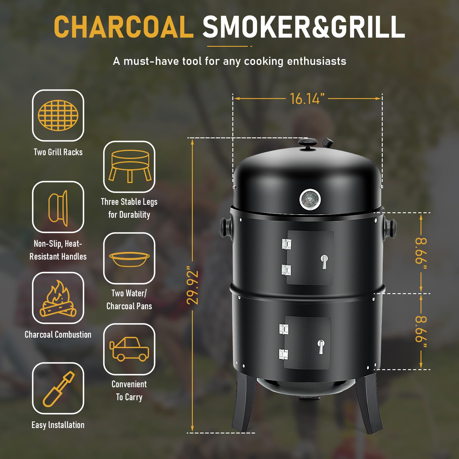 3-in-1 Vertical Charcoal Smoker Grill - 16 Inch Portable Outdoor BBQ Smoker with Built-in Thermometer, Air Vent & 2 Doors - Perfect for Backyard, Camping, Tailgating & Patio Parties