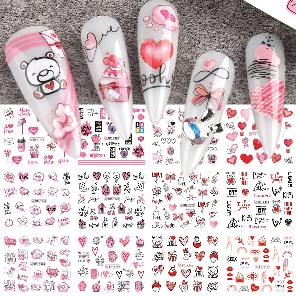 Valentine's Day Nail Art Stickers - Romantic Heart Love Water Transfer Slider Decals for DIY Nails | 12 Sheets with Pink Heart, Bear Kiss & Lips Designs | Perfect for Valentine's Gifts, Bridal Showers & Girls' Night Out