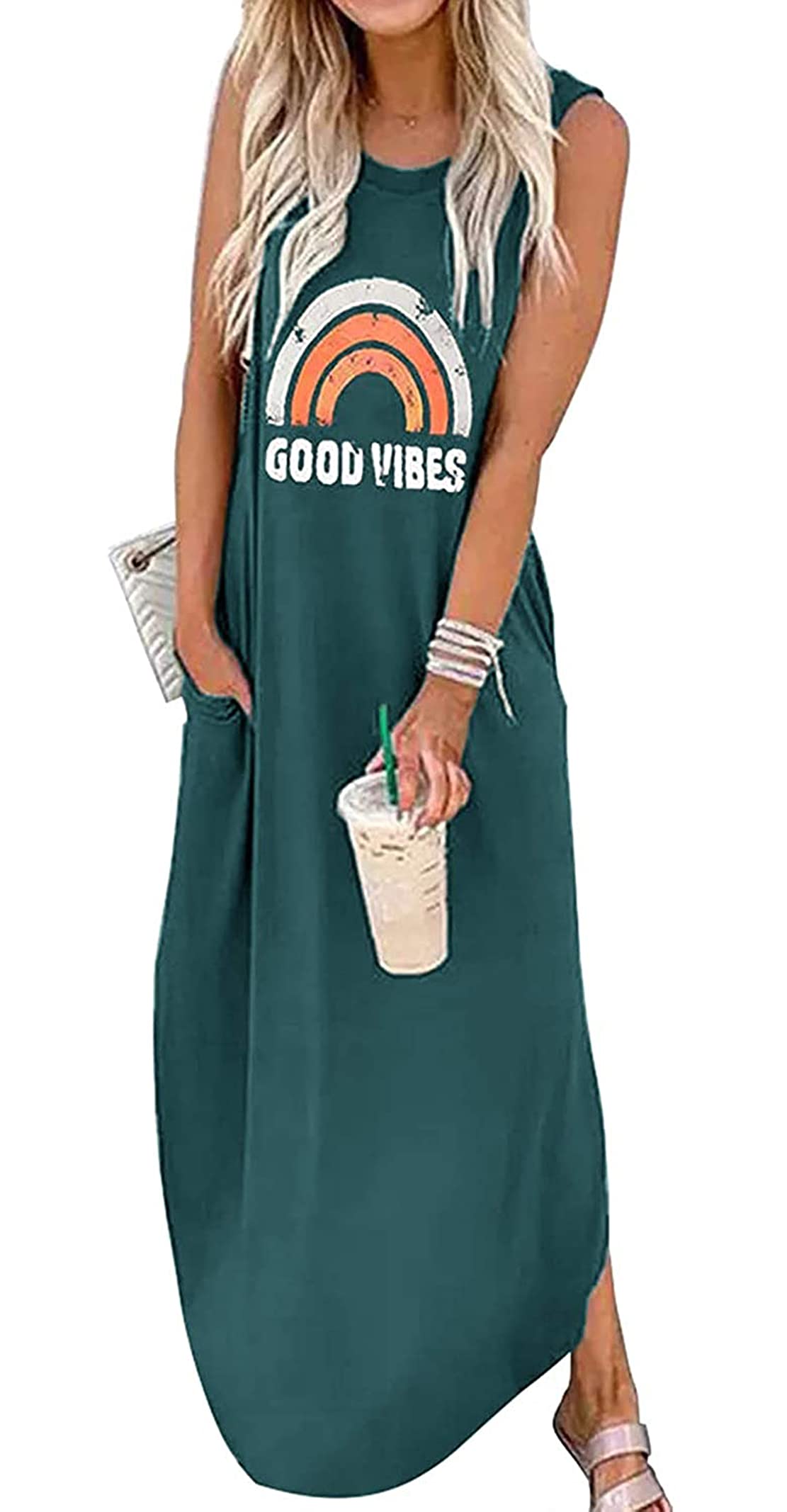 Women's Sleeveless Maxi Dress with Pockets - Rainbow Graphics Summer Hawaiian Beach Tank Dress, Casual Plain Shirt Dress for Vacation, Pool Party & Outdoor Activities