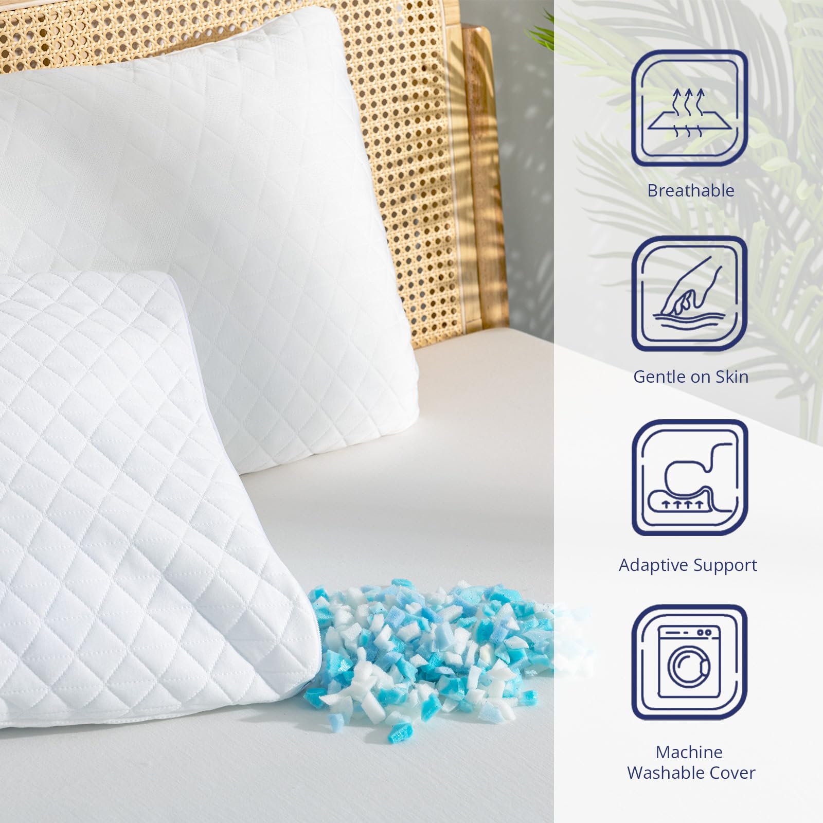 Shredded Memory Foam Pillow for Side Back Stomach Sleepers - Queen Size Bed Pillow with Neck Support & Washable Cover - Medium Firmness for Optimal Comfort (3-Pack) - Perfect for Home, Office & Travel Use