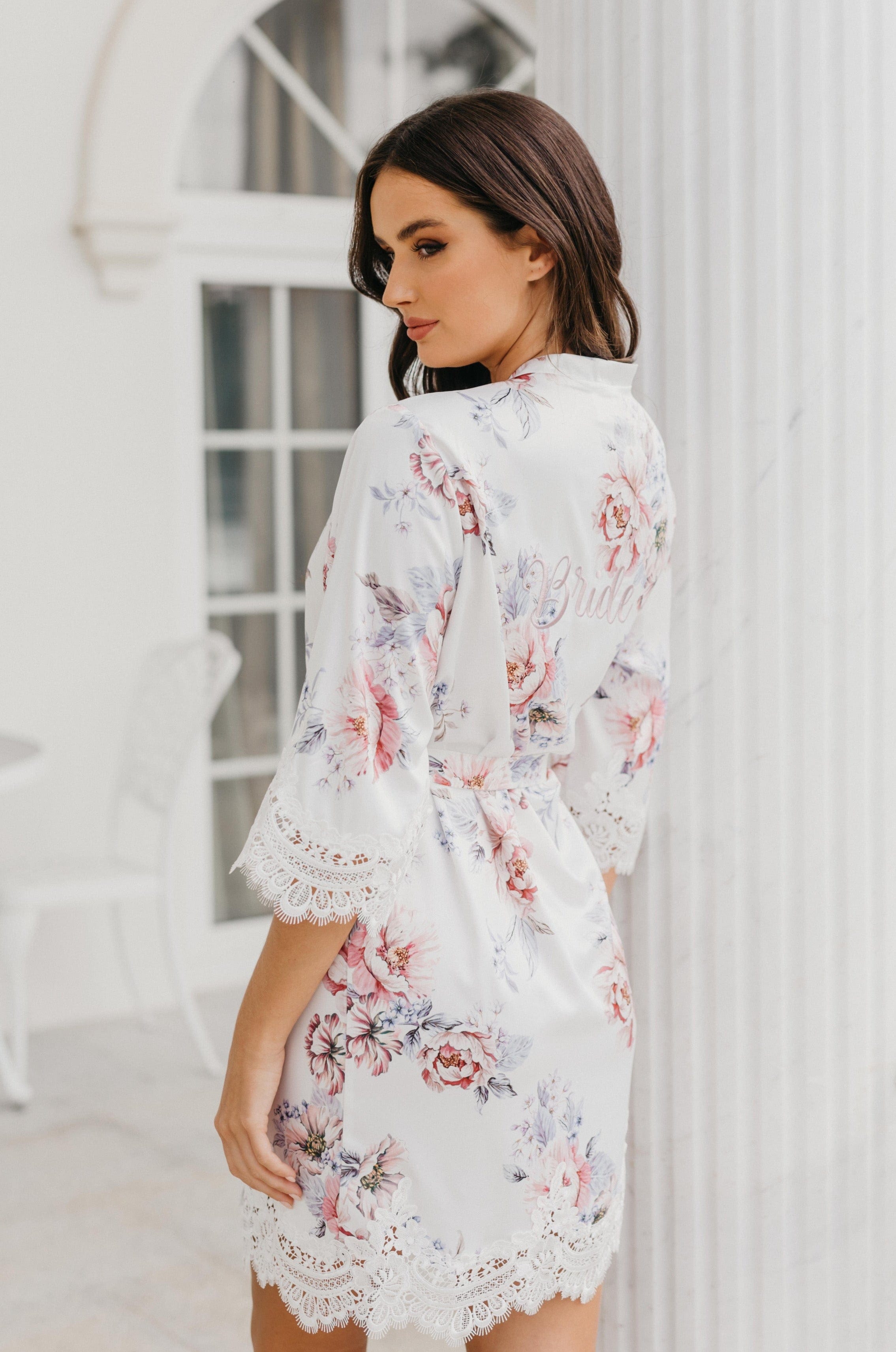 Serena Veiled Rose Printed Lace Trim Satin Robe - Elegant Bridal Lingerie & Boudoir Dress for Wedding Night, Honeymoon & Romantic Occasions