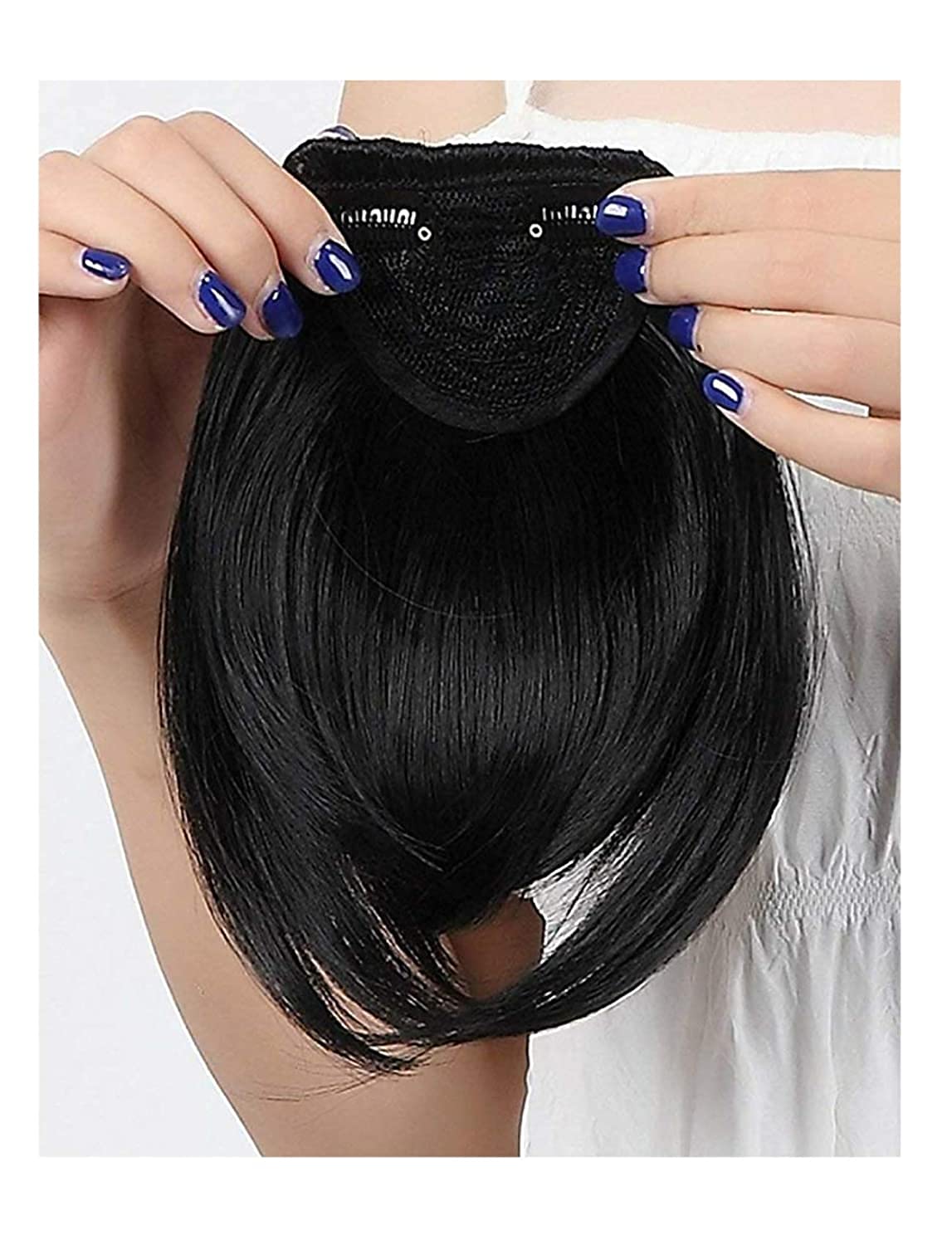 DELORUS Clip-in Bangs Hair Extensions for Women & Girls - Natural Black Front Fringe Piece, Easy to Use & Blend - Perfect for Everyday Wear, Cosplay & Hairstyle Transformations