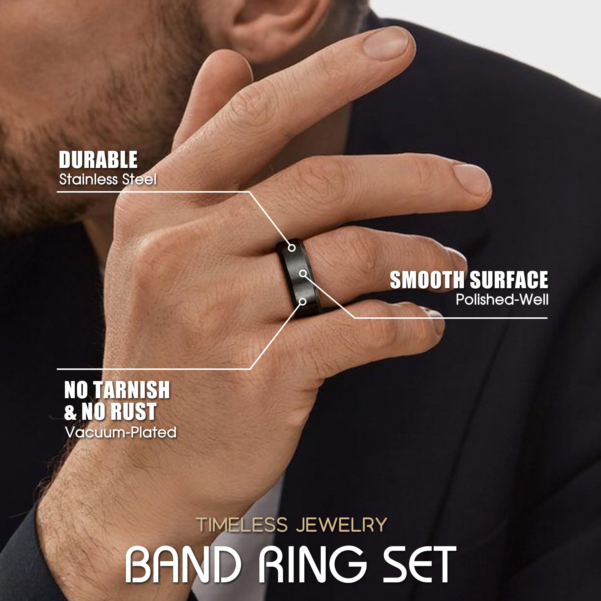 Jstyle 8MM Stainless Steel Wedding Rings for Men - Cool Simple Band Set of 3 | Durable & Hypoallergenic Men's Jewelry for Everyday Wear, Anniversary Gifts & Couple Rings