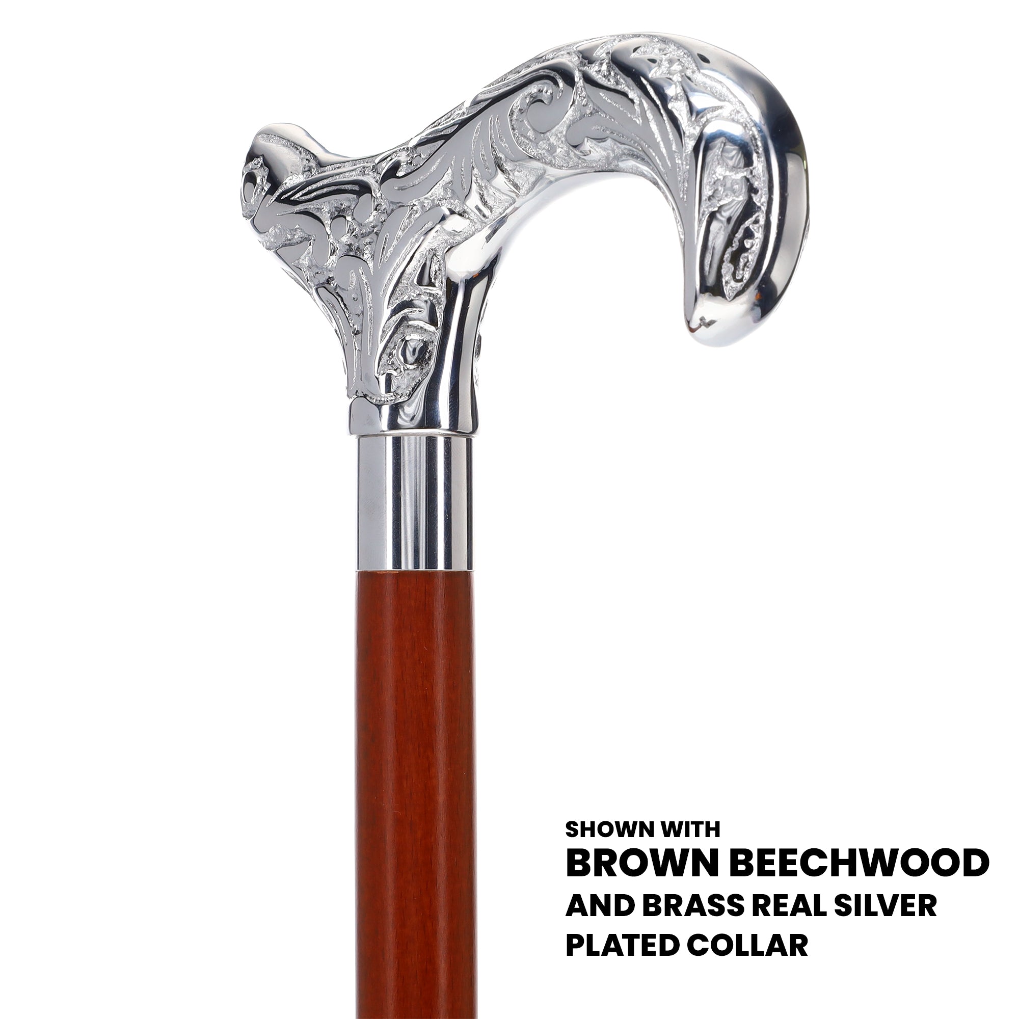 Premium Chrome Plated Derby Handle Walking Cane - Black Beechwood Shaft with Aluminum Silver Collar (Model V2064) - Scratch & Dent Discount - Ideal for Seniors, Hiking & Mobility Support