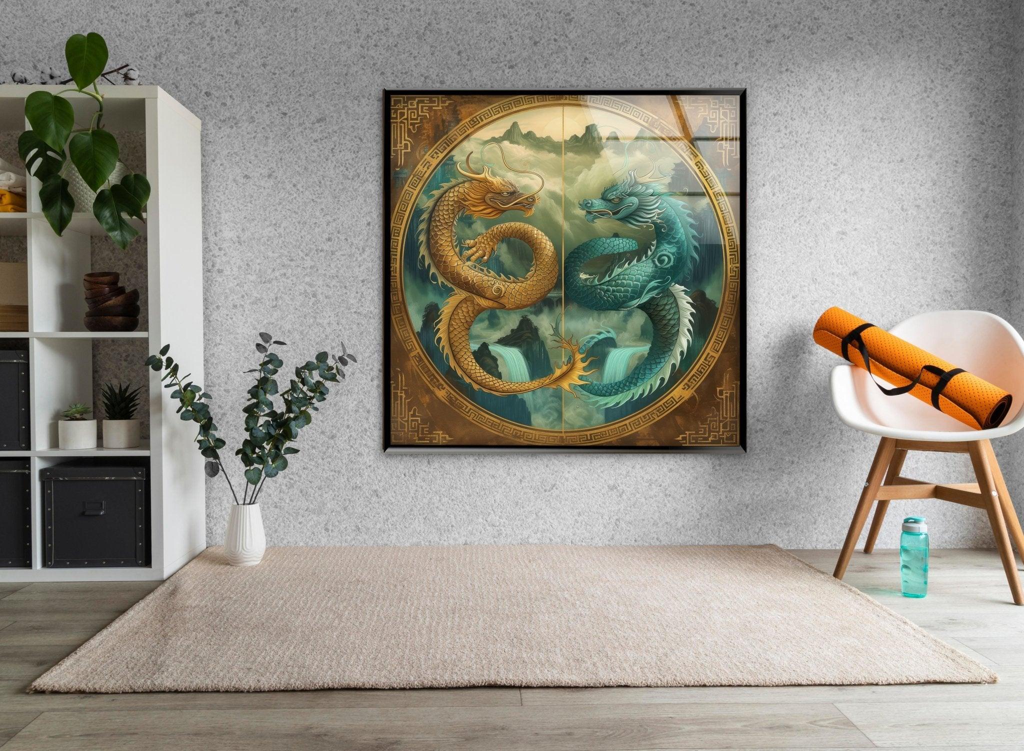 Ao Kuang & Ao Shun Chinese Dragon Glass Wall Art - Elegant Home Decor for Living Room, Bedroom, or Office