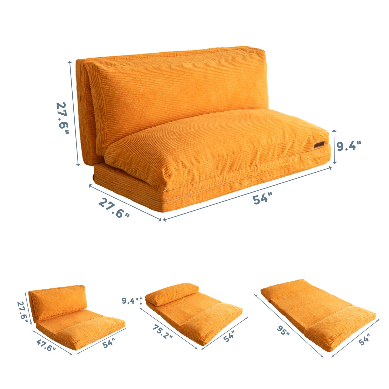MAXYOYO Bean Bag Sofa Bed - Foldable Corduroy Floor Sofa with Washable Cover in Orange | Perfect for Living Room, Bedroom, Dorm & Game Room Relaxation