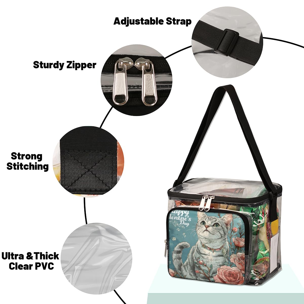 GzLeyigou Valentine's Day Clear Tote Bag with Handles - Cat Design Transparent Crossbody Shoulder Bag for Lunch, Outdoor, Travel, Picnic, Concerts & Sports Events - Stadium Approved Multipurpose Purse for Women, Girls, School, Beach & Shopping