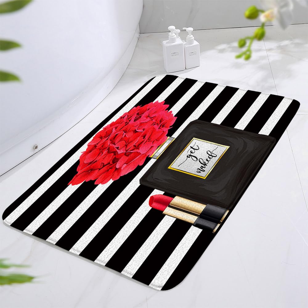 Black Perfume Flower Pattern Memory Foam Bath Mat - Soft Non-Slip Bathroom Rug for Women, Girls, Ladies (17.8x29.5 Inch) - Perfect for Bathroom, Living Room & Bedroom Decor