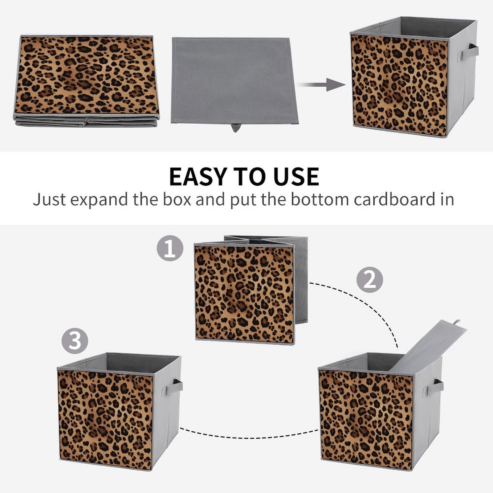 6-Piece Collapsible Leopard Print Storage Bins with Handles - Foldable Organizing Baskets for Shelves, Closet, Pantry | Perfect for Home, Office & Dorm Organization